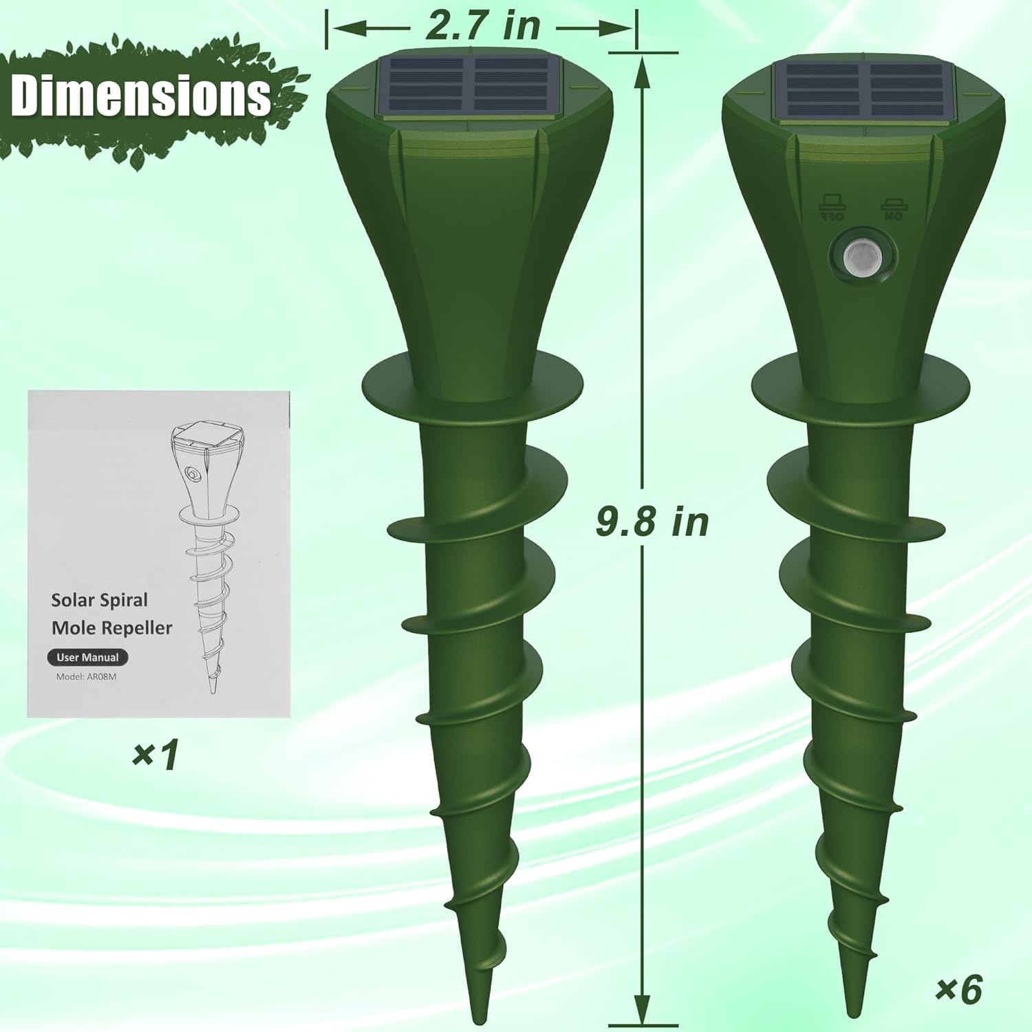 6 Packs Solar Mole Repellers, Gopher Deterrent Device with Vibrating Motor & Spiral Drill Ground Stake, IP65 Waterproof Lawn Garden Yard Pest Repellents Driving Away Vole Groundhog Snakes