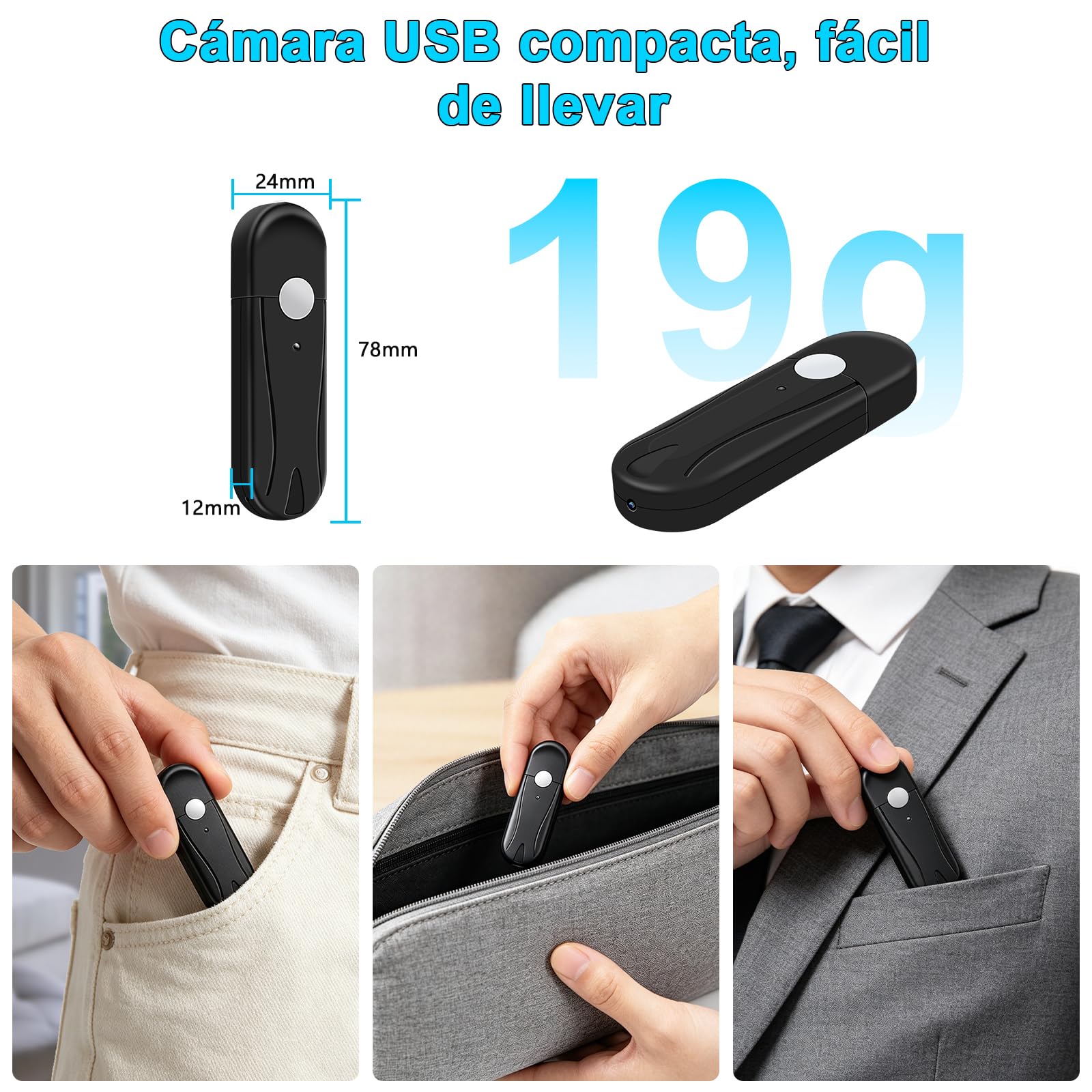 Cámara Oculta 1080P Mini Cámara Espía Memoria USB | 2H Microcámara Vigilancia, Grabación en Bucle, para Reuniones y Actividades al Aire Libre