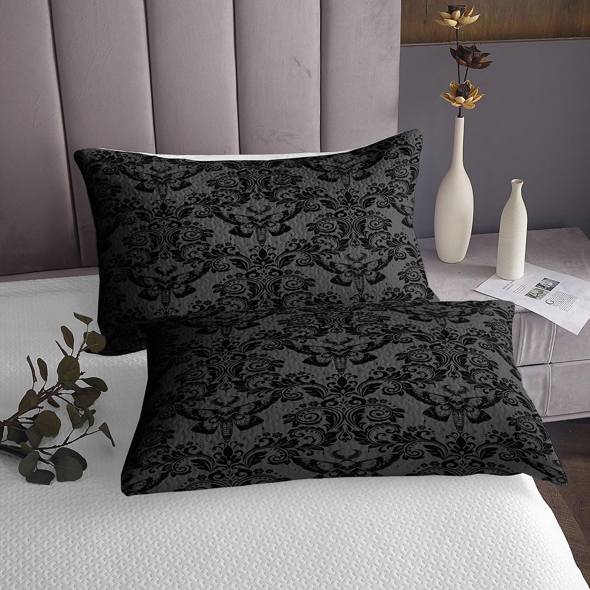 Homemissing Erwachsene Schwarz Vintage Damask Floral Cotton Steppdecke Oriental Antique Gotik Bohemia Boho Blumen Tagesdecke 240x260cm Gotik Schädel Bettüberwurf 3Stück