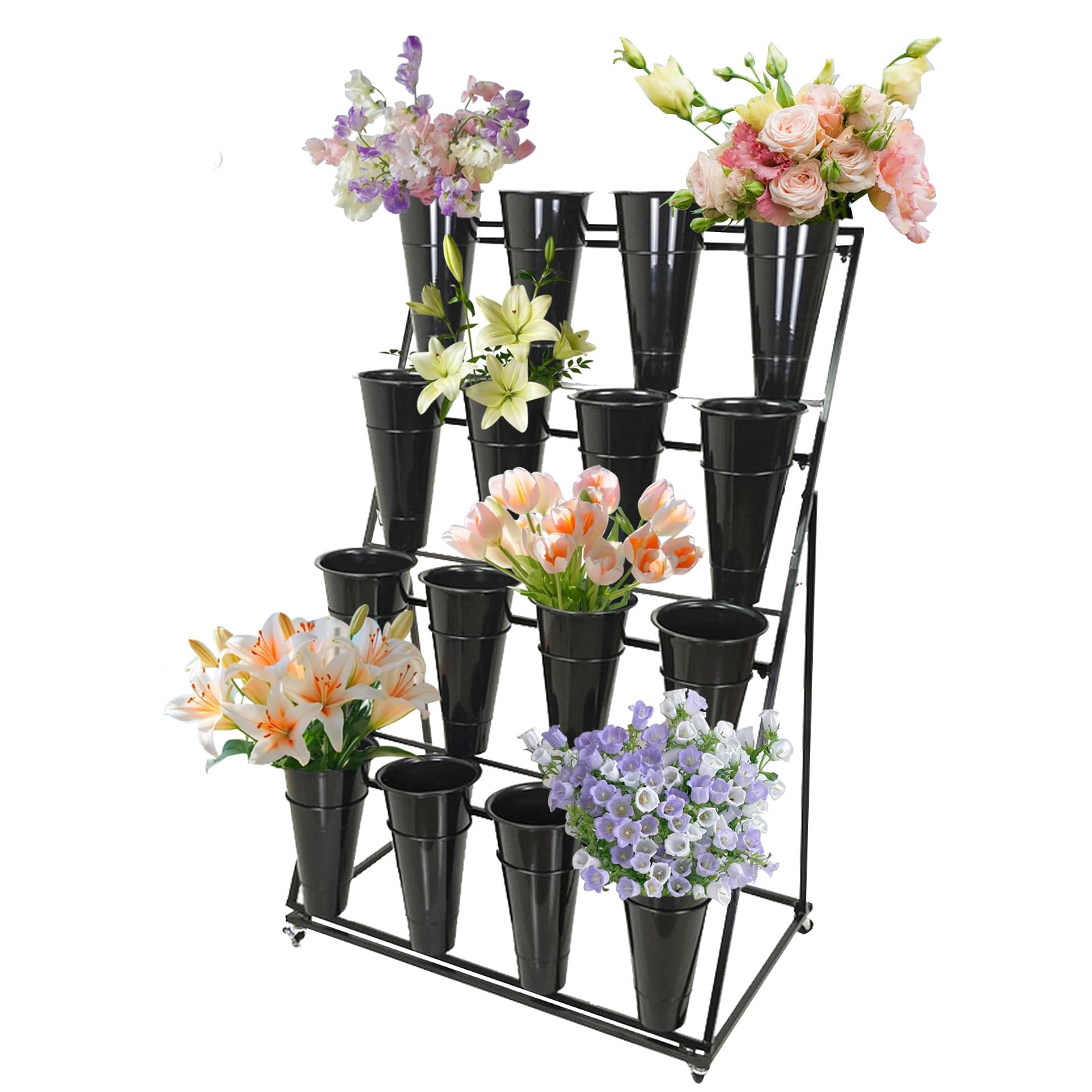 DFGHNBVC Metal Heavy Duty Moving Plant Cart With Wheels, Wrought Iron Florist Shelf For Livingroom, Garden, Indoor, Outdoor, Patio,4 Tier 16 Black Bucket