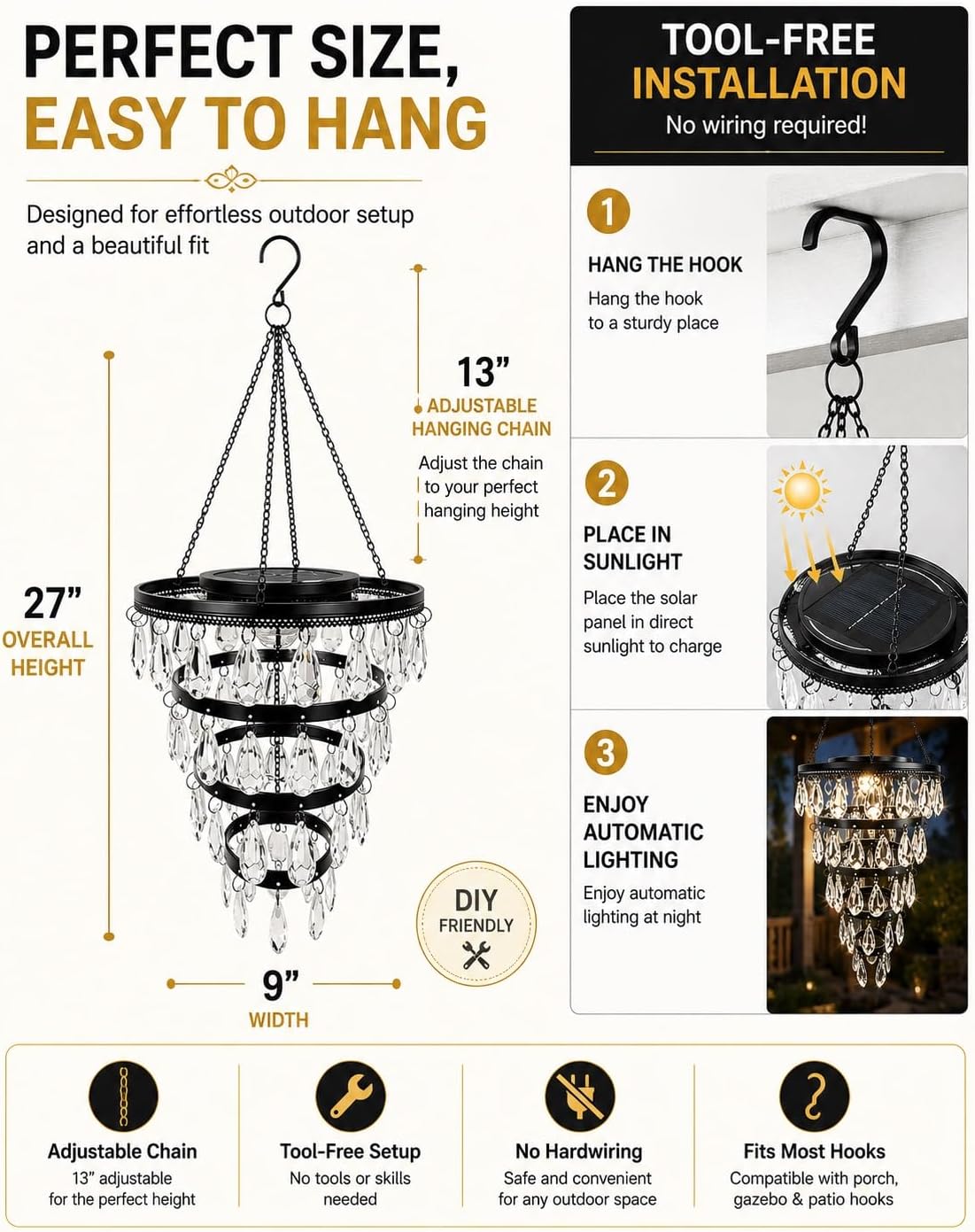 Garden Chandelier Outdoor Solar Powered Crystal Acrylic Hanging Light Weatherproof 6 Tiered with Warm LED Pendant Lantern for Patio Porch Gazebo Wedding Holiday Party Ambient Lighting(Transparent) image 4