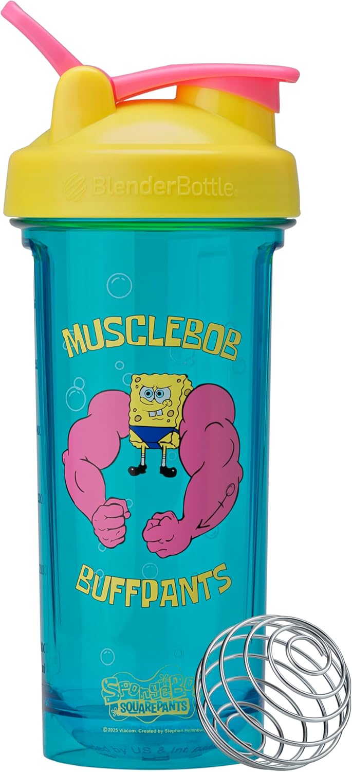 BlenderBottle Spongebob Shaker Bottle Pro Series Perfect for Protein Shakes and Pre Workout, 28-Ounce, Yellow/Blue, Musclebob Buffpants