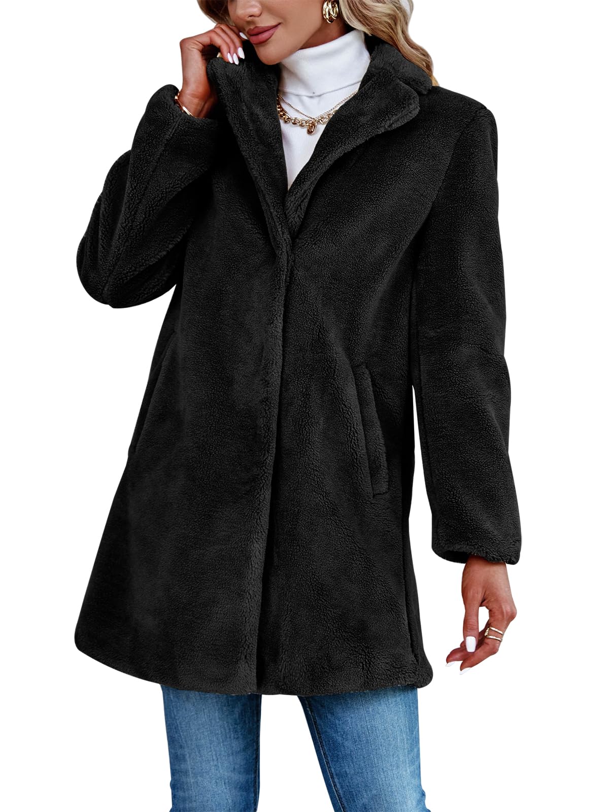 Danedvi Womens Fuzzy Fleece Lapel Collar Long Sleeve Coat Faux Fur Warm Winter Outwear Jackets