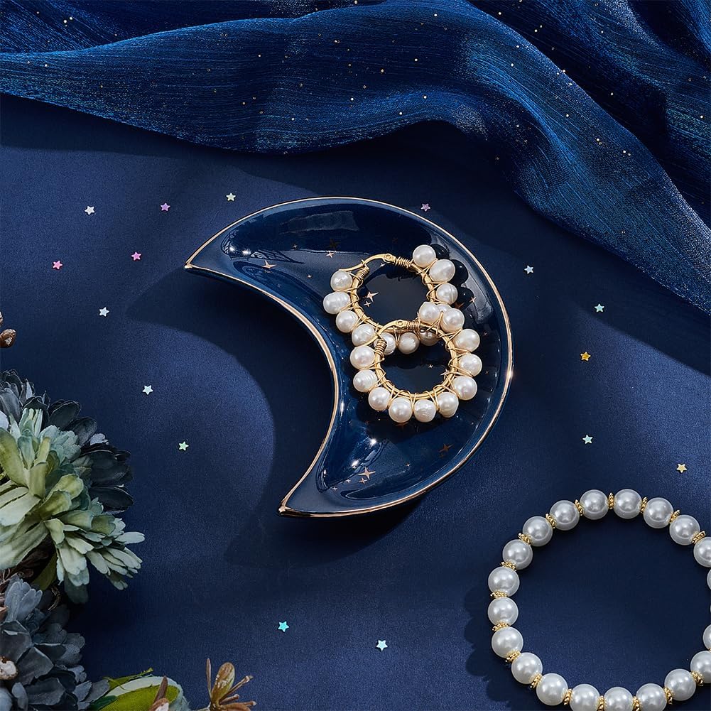 Beebeecraft Porcelain Jewelry Tray 4x3.2 Inch Blue Ceramic Moon Dish Tray Trinket Plate with Star for Earring Ring Bracelet Necklace Storage Display