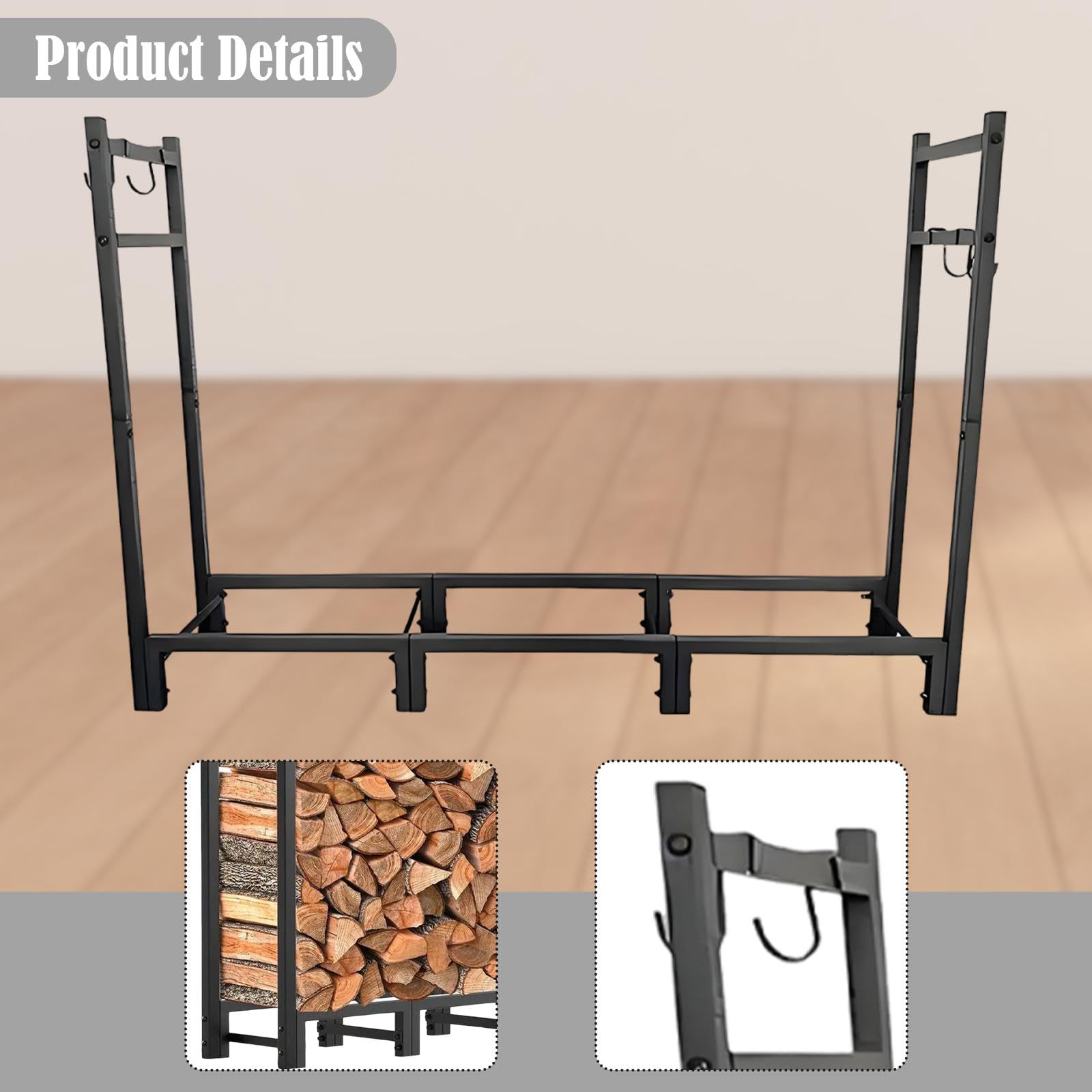 rockible Soporte Apilador de Leña Resistente, Gran Capacidad de 250 Kg para Leña de Chimenea, Resistente, 114 X 25 X 80 Cm.