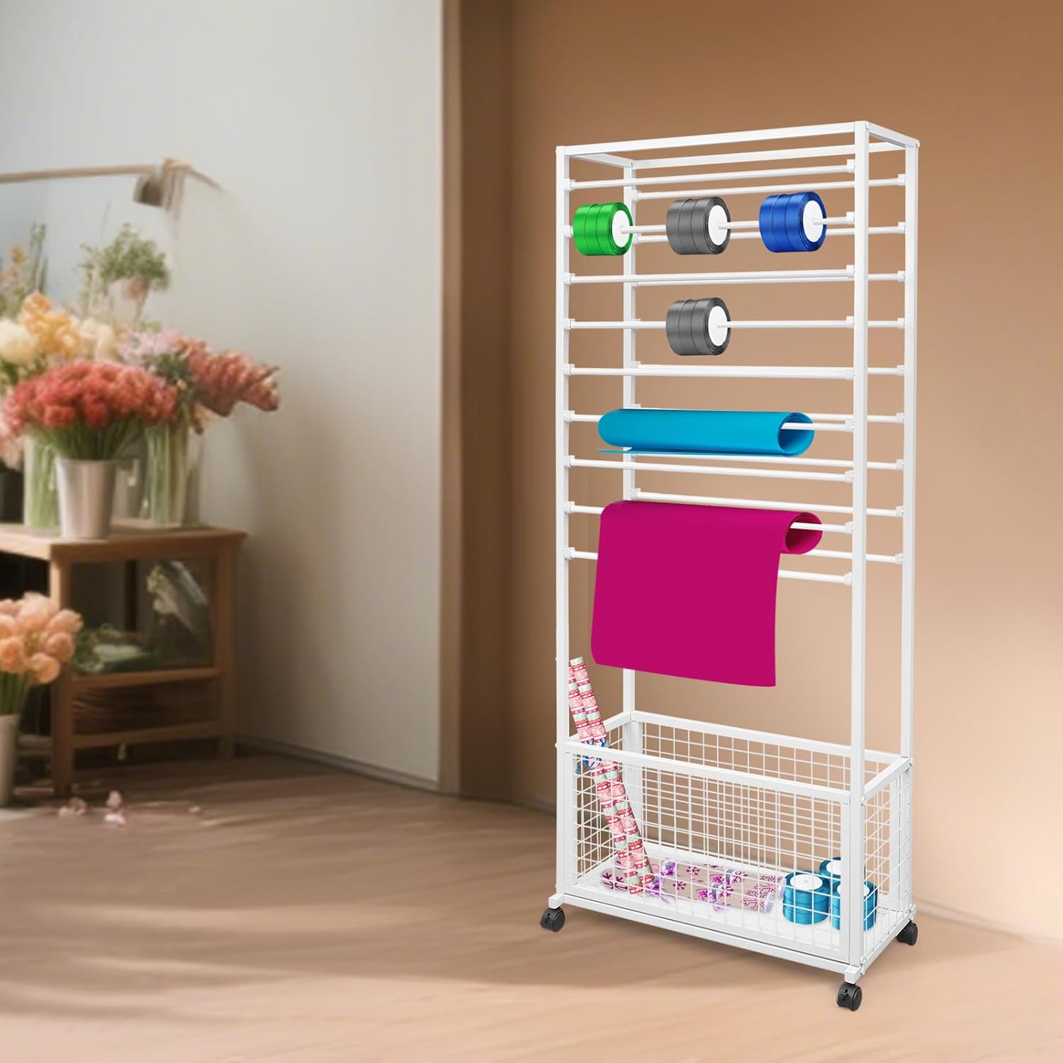 20 Tier Double-Sided Ribbon Holder Organizer with Storage Basket & Wheels, Flower Wrapping Paper Storage Stand, Ribbon Storage Display Rack for Craft Rooms, 26.4''L ×12.6''W× 66.9''H, White