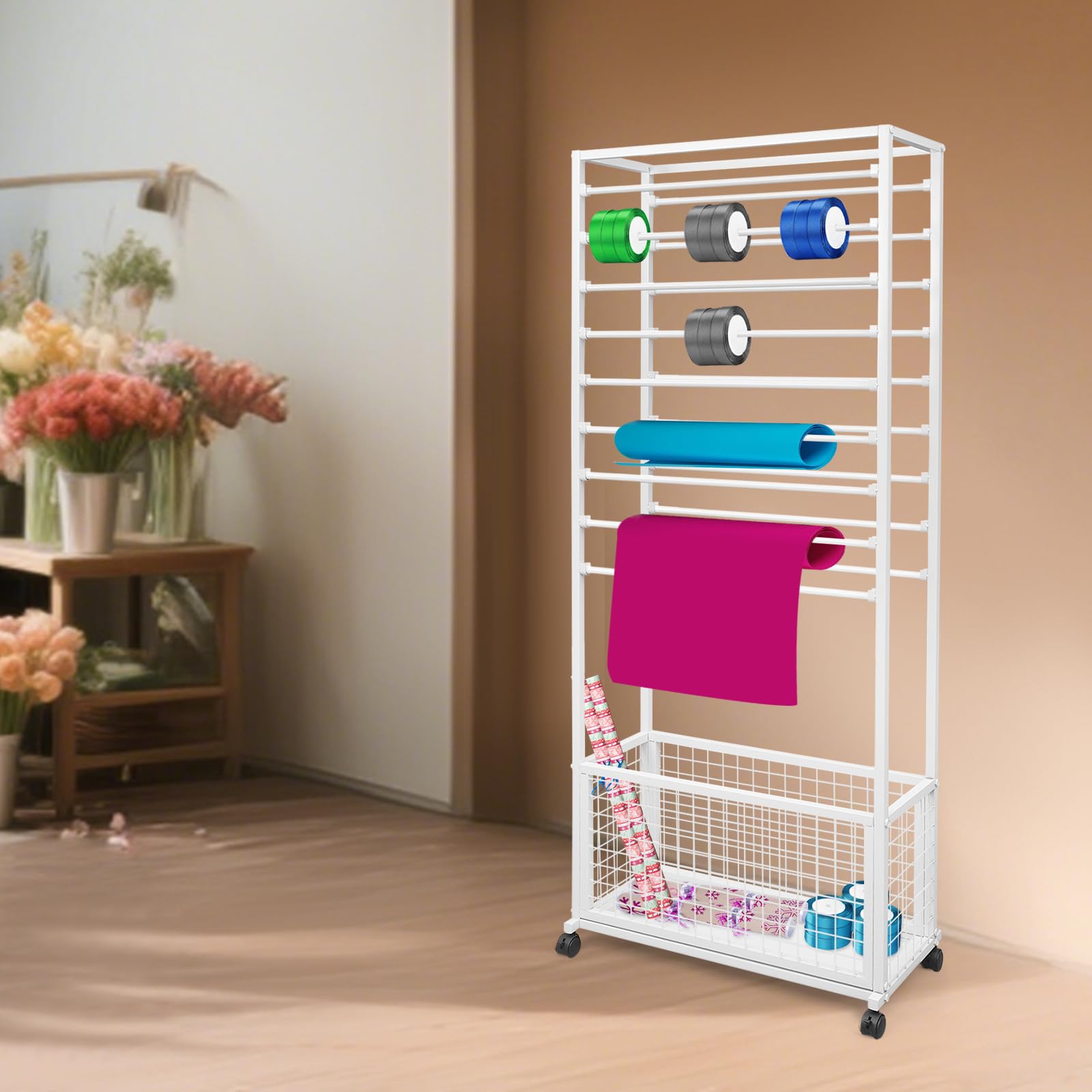 PERFERATE Ribbon Holder Organizer Rack Double Sided 20 Layer Ribbon Holder Rack with Storage Basket and Wheels Multifunctional Flower Wrapping Paper Storage Stand for Craft Room (White)