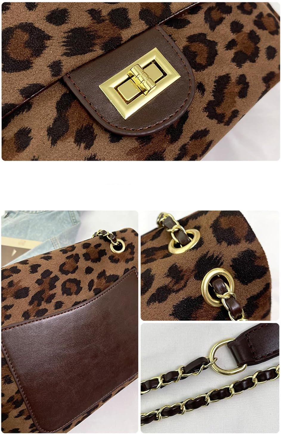 ZXBUZO Leopard Suede Crossbody Bag with Chain Faux Suede Cheetah Print Shoulder Satchel Handbag Animal Print Suede Purses - Image 5