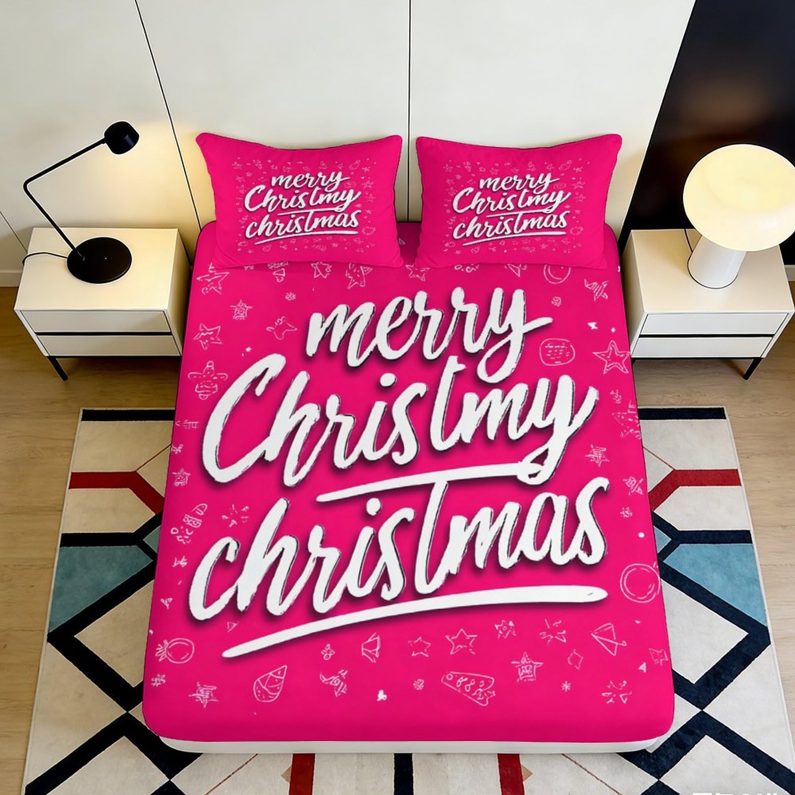 3D Printed Merry Christmas Fitted Sheet Microfiber Red Christmas Letter Bed Cover for Bedroom Guest Room Decor 90x200x25cm