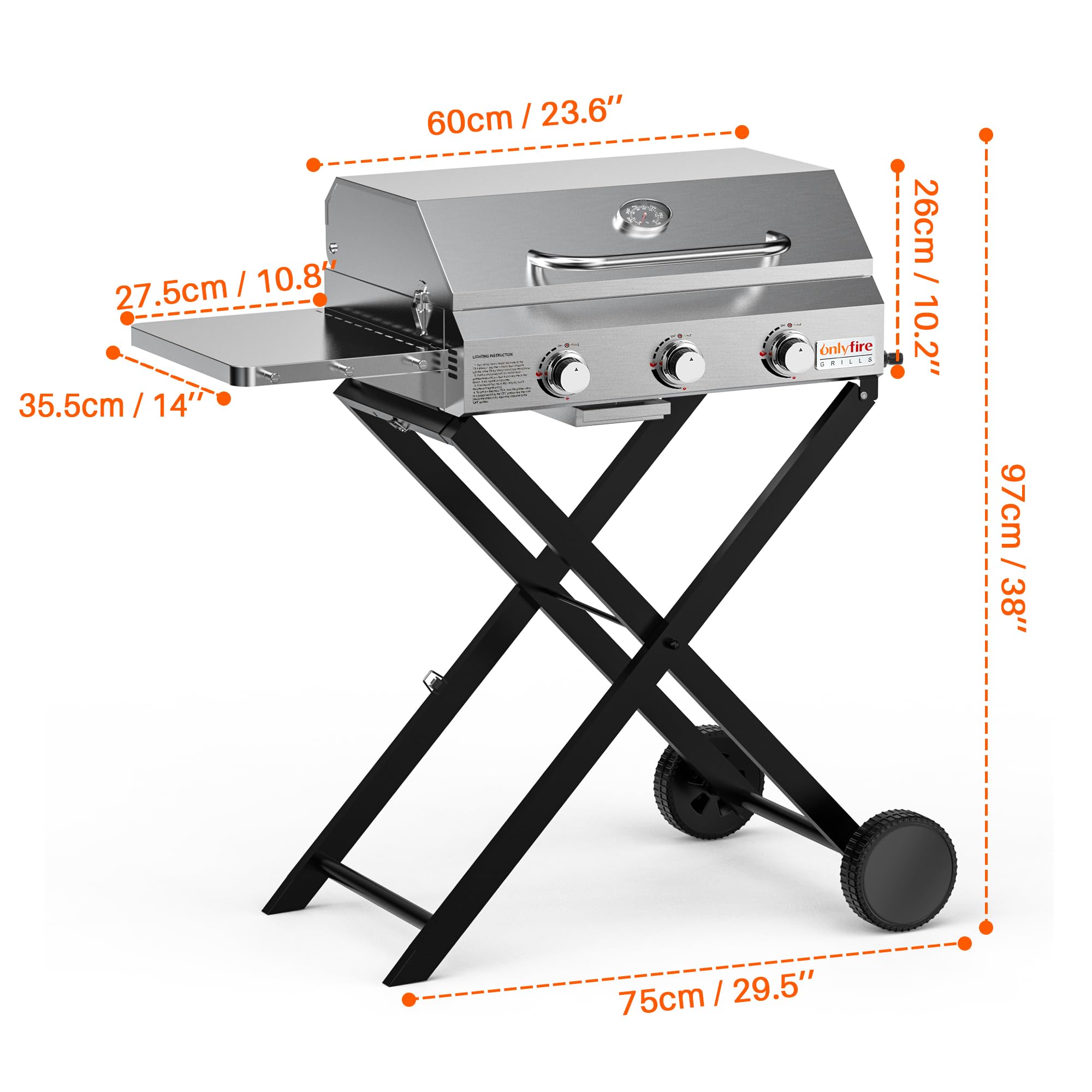 Onlyfire 3 Brenner Gas Grillwagen | BBQ Gasgrill mit Grillrost | 7Kw | Grillfläche 56,5×34cm | mit Seitentischen, Faltbarem Rollwagen, Rollen, Thermometer | für Outdoor Camping Balkon Garten