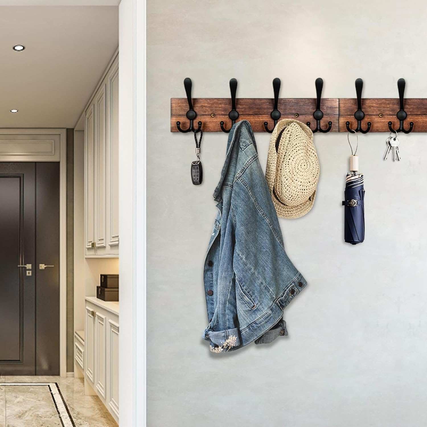 IBosins Wall Mounted Coat Rack, 31-2/5'' Long, Entryway Hanging Rack, Metal Wood Coat Hooks Rack with 8 Black Rustic Tri-Hooks Rail for Coat, Bag, Towel, Key, Hat, Umbrella - Image 4