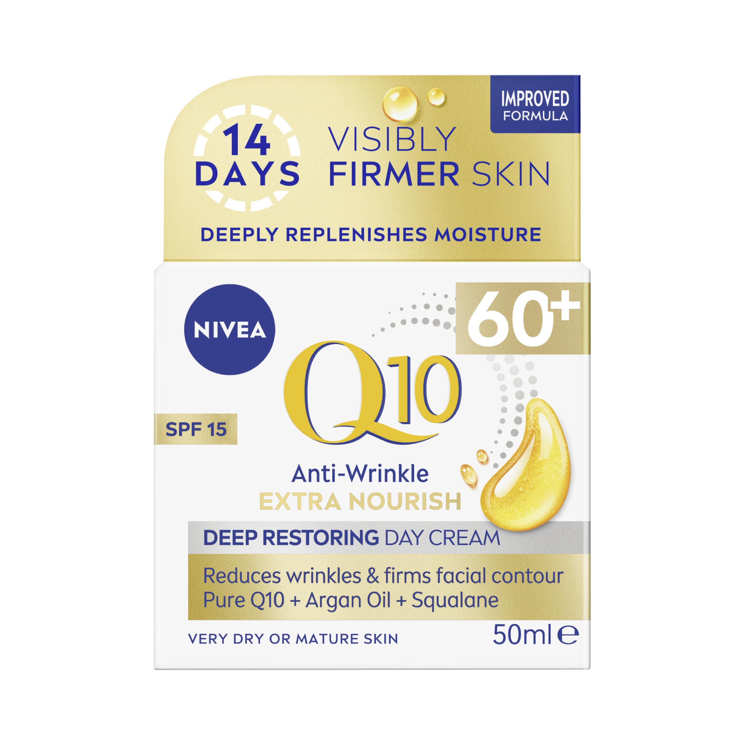 Nivea Q10 Power 60+ Skin Anti-Wrinkle + Replenishing Day Cream (50 ml), Powerful Anti Ageing Cream, Moisturiser for Women with Coenzyme Q10, Day Face Cream with SPF15