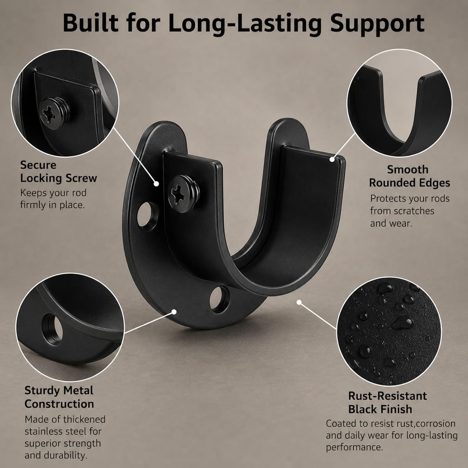 RHBLME 10PCS Stainless Steel Closet Rod Brackets Black, 1-1/4 Inch Diameter U-Shaped Closet Rod Holders, Heavy Duty Closet Rod End Supports Closet Pole Sockets Flange Rod Holder Set with Screws