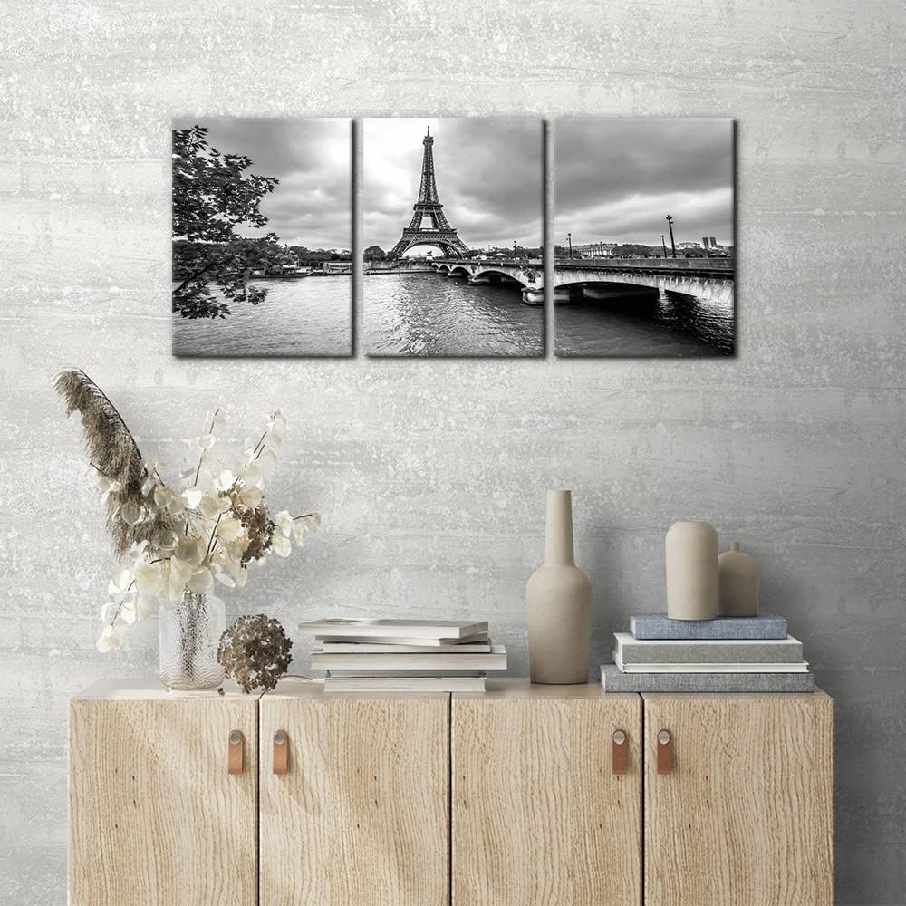 Pacimo - 3 Pieces Black and White Canvas Wall Art - Paris Eiffel Tower from Seine - France Cityscape Pictures Print on Canvas Modern Home Art Decor Stretched and Framed Ready to Hang - 12" x 16" x 3