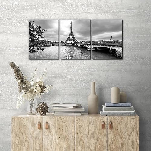Miniatura 2 de Pacimo - 3 piezas de arte de pared en lienzo en blanco y negro - Torre Eiffel de París desde el Sena - Imágenes de paisaje urbano de Francia