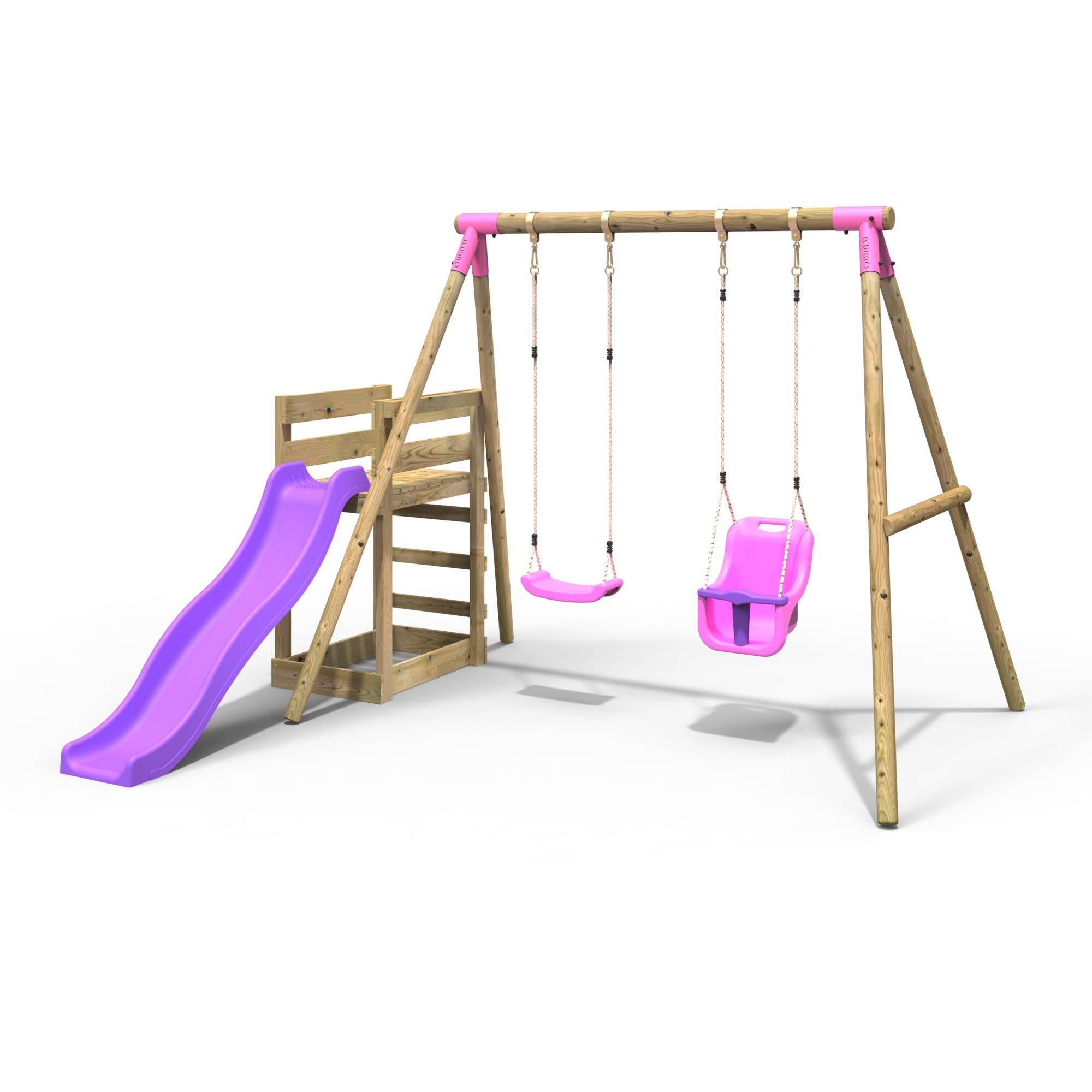 Rebo Pink Rebo® Wooden Swing Set Plus Deck And Slide - Luna | Outdoortoys | Kids' Outdoor Wooden Play Equipment For Gardens, Frame And Accessories Included, Weather Resistant