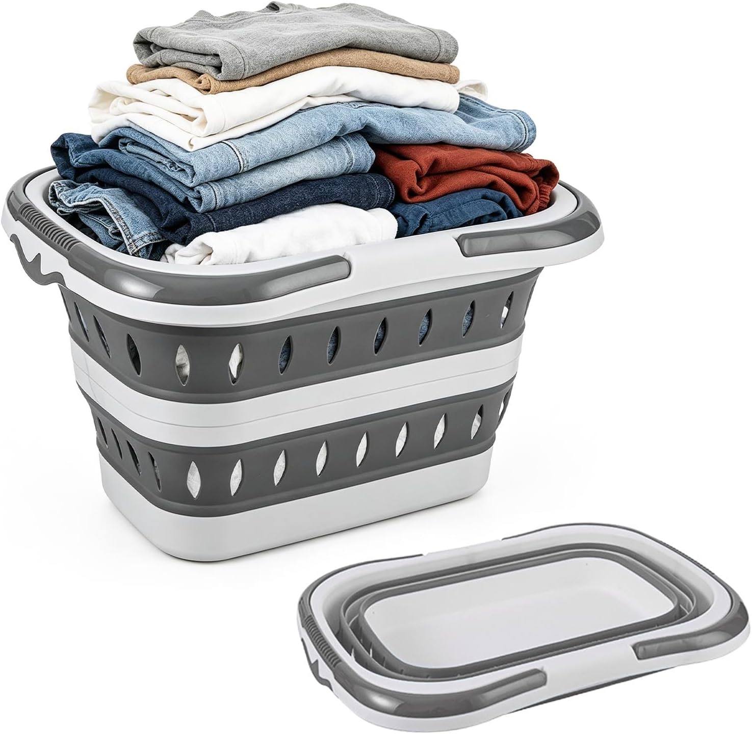 42L(11Gallon) Collapsible Laundry Baskets plastic, Foldable Laundry Basket,Pop Up Laundry hamper/Storage Container, Large Capacity,Space Saving Basket(White/Grey)