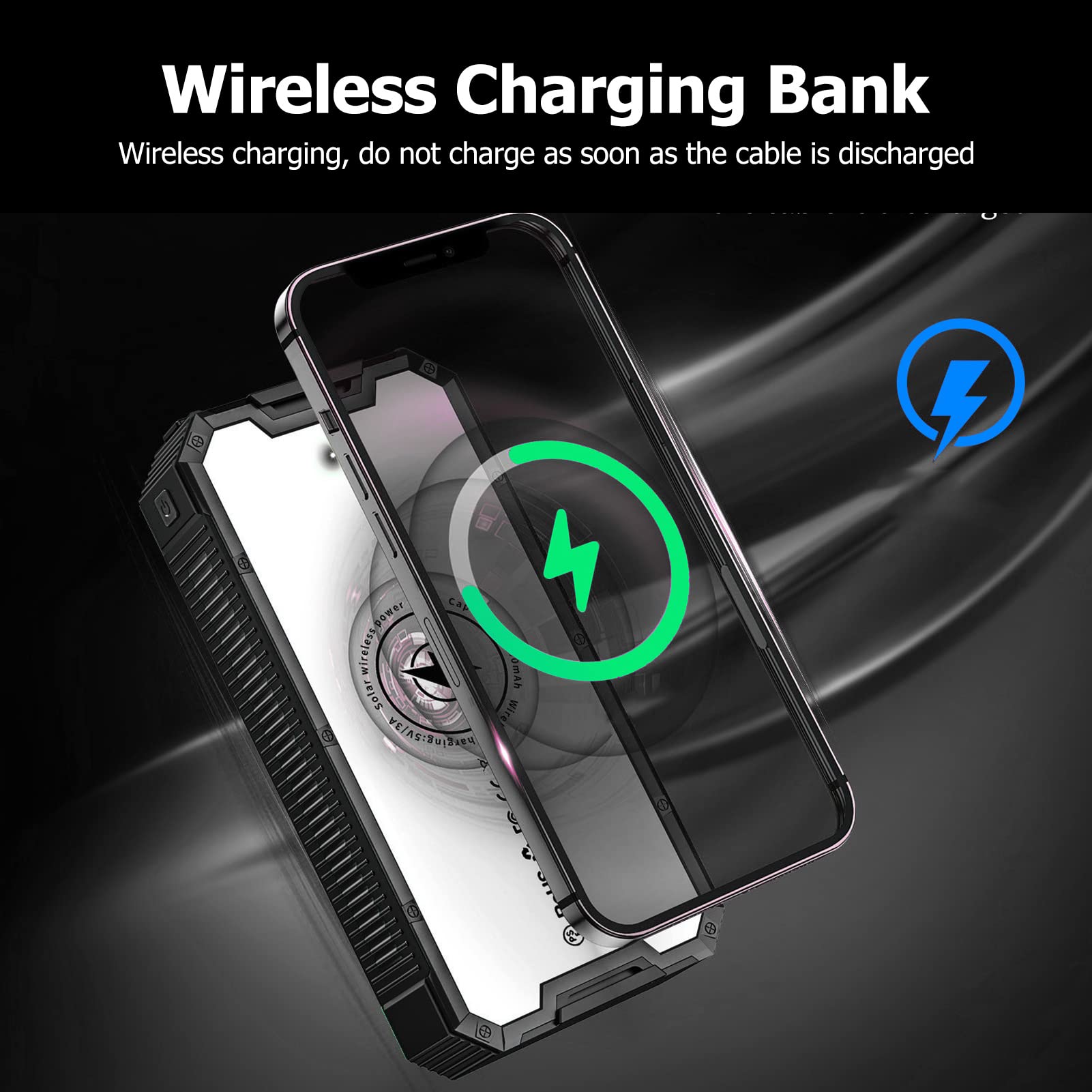 Power Bank Solare 36800 MAh Con Ricarica Wireless E 4 Porte USB - Torcia LED, QC3.0, Impermeabile, Nero - 6