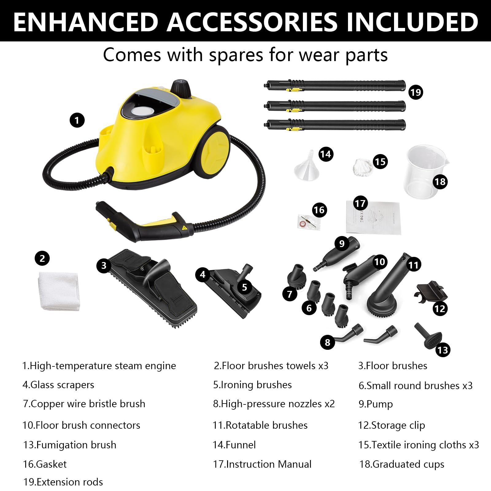 Limpiador a Vapor 2100 W Mejorado con 29 Accesorio, Multifunción con Depósito 2,1 L, Presión 5 bar, Kit de Suelos y Boquillas, Alarma de Agua Baja, para Alfombras, Azulejos, Ventanas, Suelos (Negro)