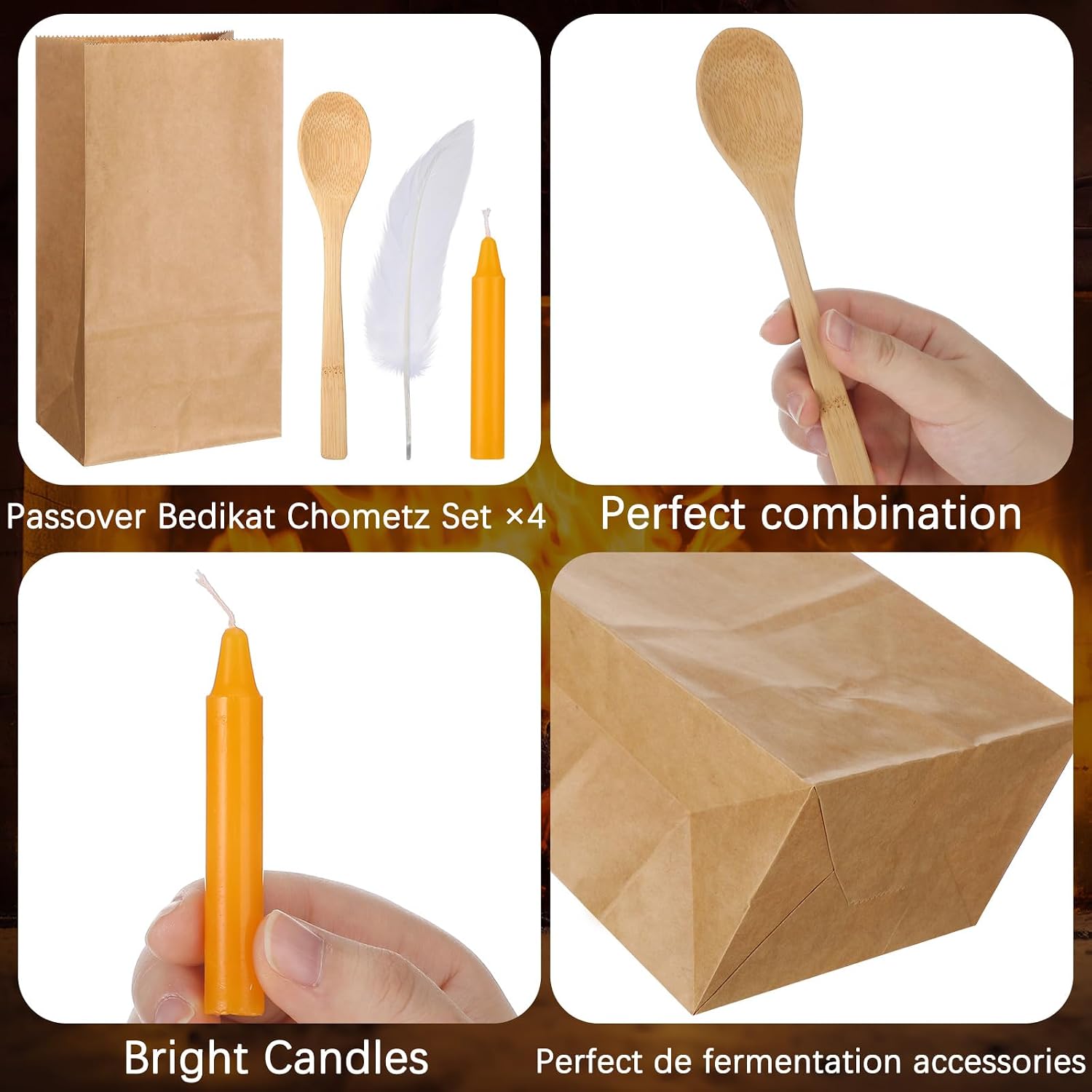 16 Pcs Passover Peasach Bedikas Chometz Set Include 4 Pcs Feather 4 Pcs Spoon 4 Pcs Kraft Brown Paper Bags 4 Pcs Candle for Passover Seder Festival Holiday Party Decoration Present