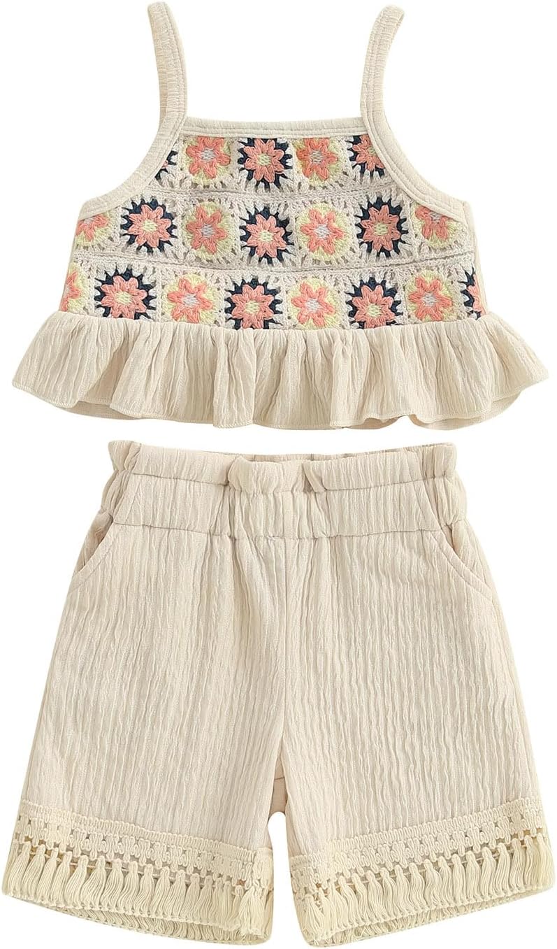 BemeyourBBs Toddler Girl Clothes Summer Baby Girl Embroidery Ruffle Tank Top Shrit Tassel Shorts Set 2 Piece Cute Boho Outfit