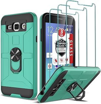 Case for Galaxy J3 2016, Galaxy Sky Case with [3X Tempered Glass Screen Protector], Galaxy Express/J3 V Case, Built-in Ring Kickstand and Magnetic Car Mount Shockproof Dropproof Armor Case -Mint Green