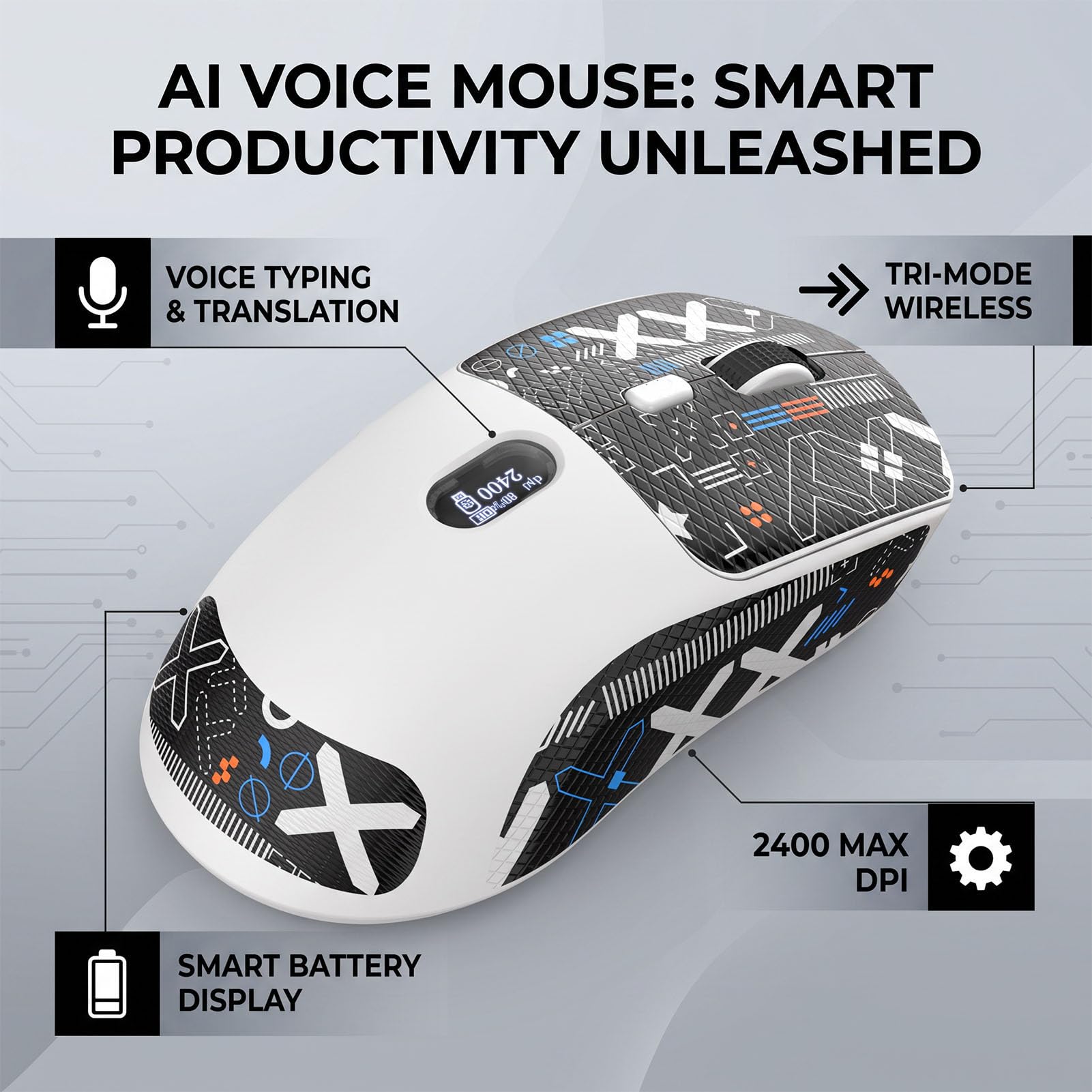 Souris Vocale AI, 120 Langues, Batterie Rechargeable 600 MAh