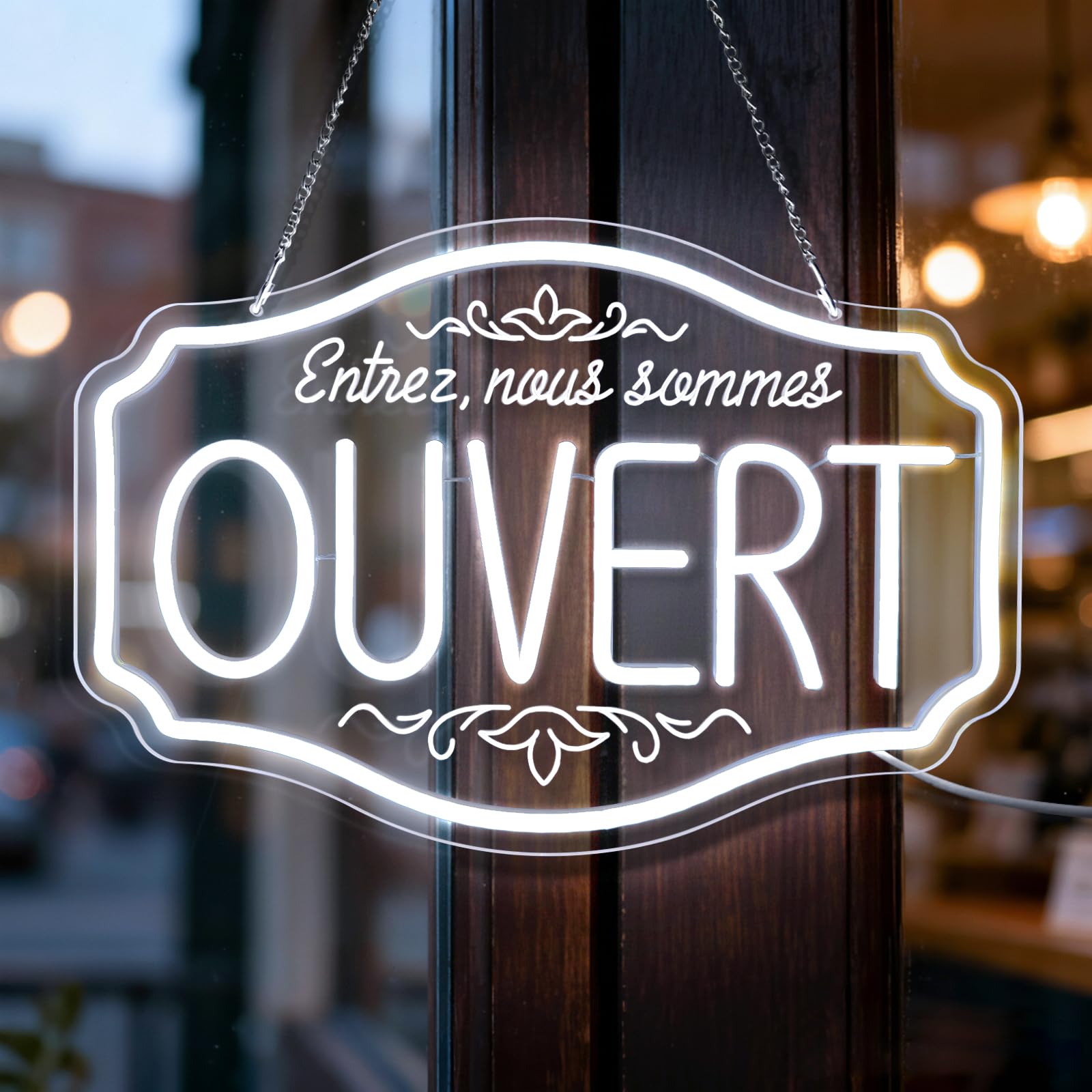OUVERT Neon Schild, Nous sommes ouverts LED Schild für Geschäfte, weiße LED Neonleuchte für Bars, Restaurants, Supermärkte, Cafés, USB Neon Hängeschild Geöffnet für Tür und Fenster