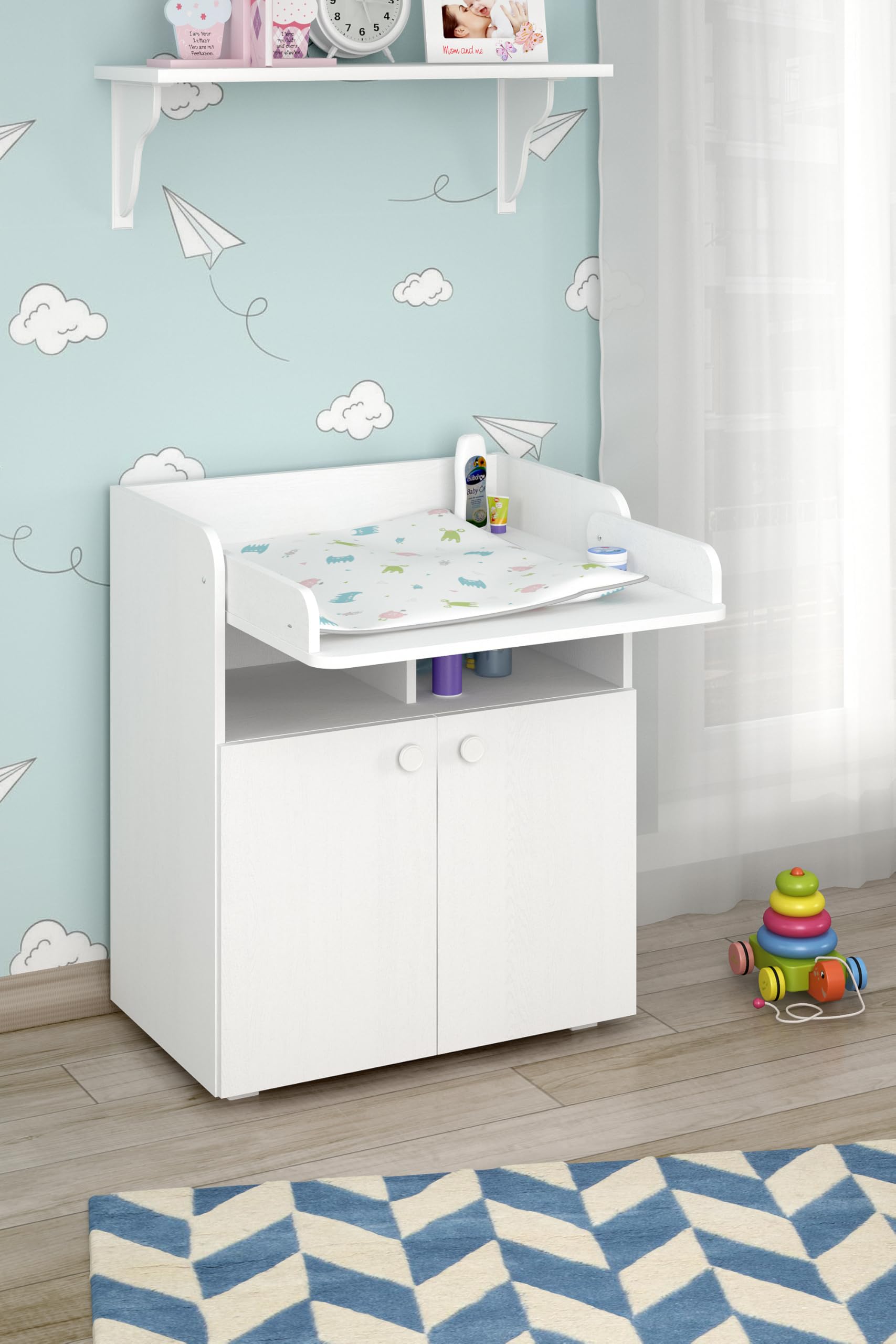 Shefa Cómoda Cambiador Bebé 700 con Superficie Plegable y Compartimentos de Almacenaje Madera Aglomerado Blanco 70x47x86 cm