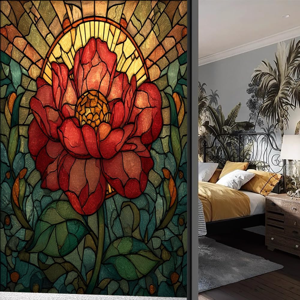 Nature Sunlight Flower Privacy Window Film, Red Botanical Mosaic Frosted Self-Adhesive Vinyl Cling for Glass Doors Bathroom Windows Sun Blocking Heat Control, 27.6Wx47.2L inch