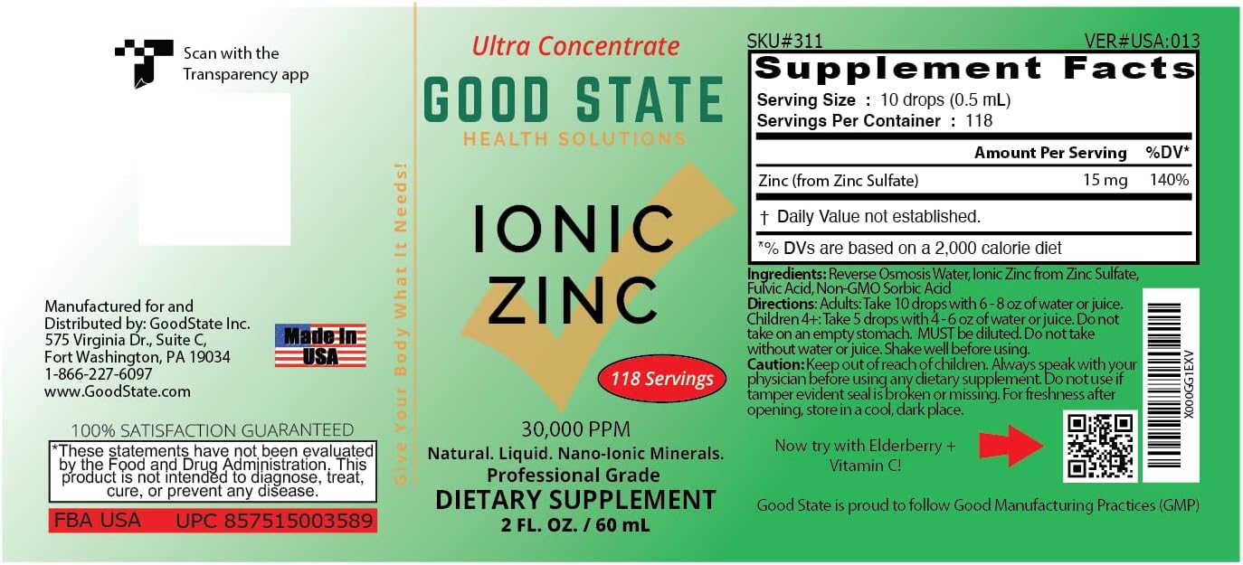 Good State Natural Ionic Zinc | Liquid Concentrate | Nano Sized Mineral Technology | Professional Grade Dietary Supplement | 1.6 fl oz Glass Bottle (50 mL)
