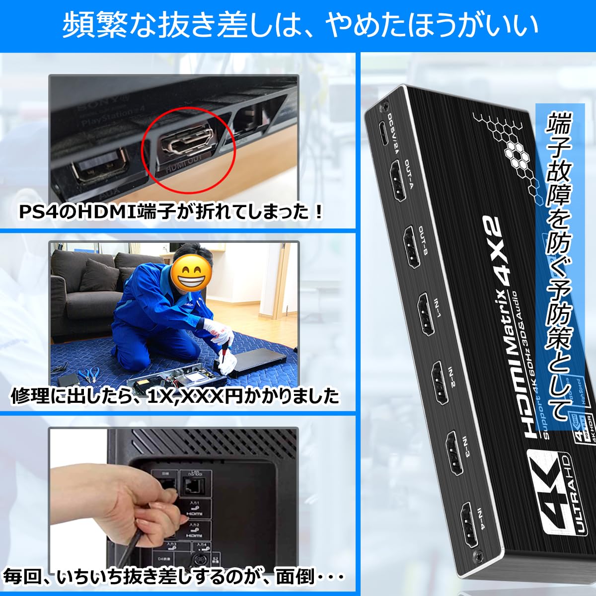 ELEVIEW 4K HDMIマトリックス切替器 4入力2出力