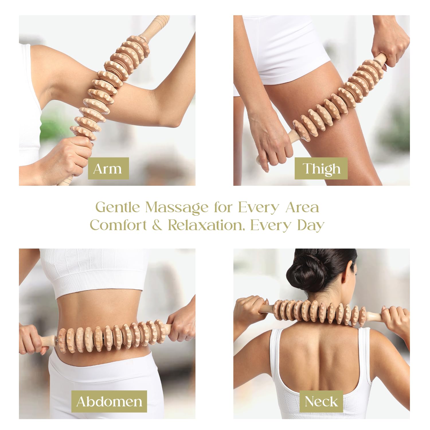 Mr.Woodware Wood Therapy Lot de 2 rouleaux de massage en bois pour drainage lymphatique incurvé et appareil de massage du dos avec corde – Outils de massage en bois pour sculpter le corps, sculpter,