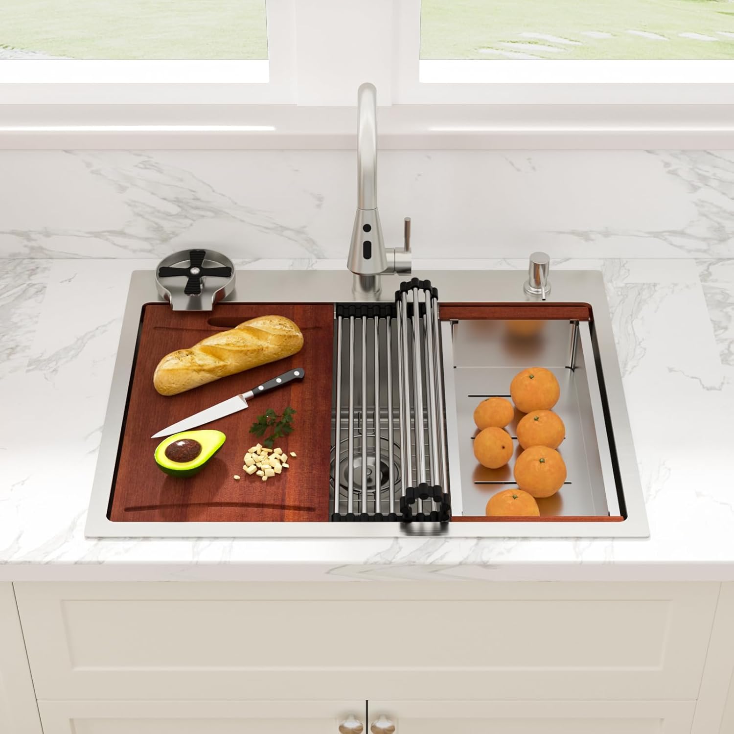 Sarlai Drop In Kitchen Sink with Faucet 28 Inch Topmount Kitchen Sink Ledge Drop Workstation 28x22 Topmount Single Bowl 16 Gauge Stainless Steel Sinks Basin with Cup Rinser&Soap Dispenser