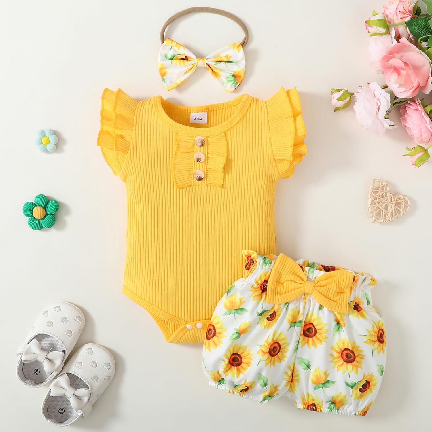 Baby Girl Clothes Newborn Infant Summer Outfits Ruffle Sleeve Romper and Floral Shorts Set for 0-18 Months - Image 2