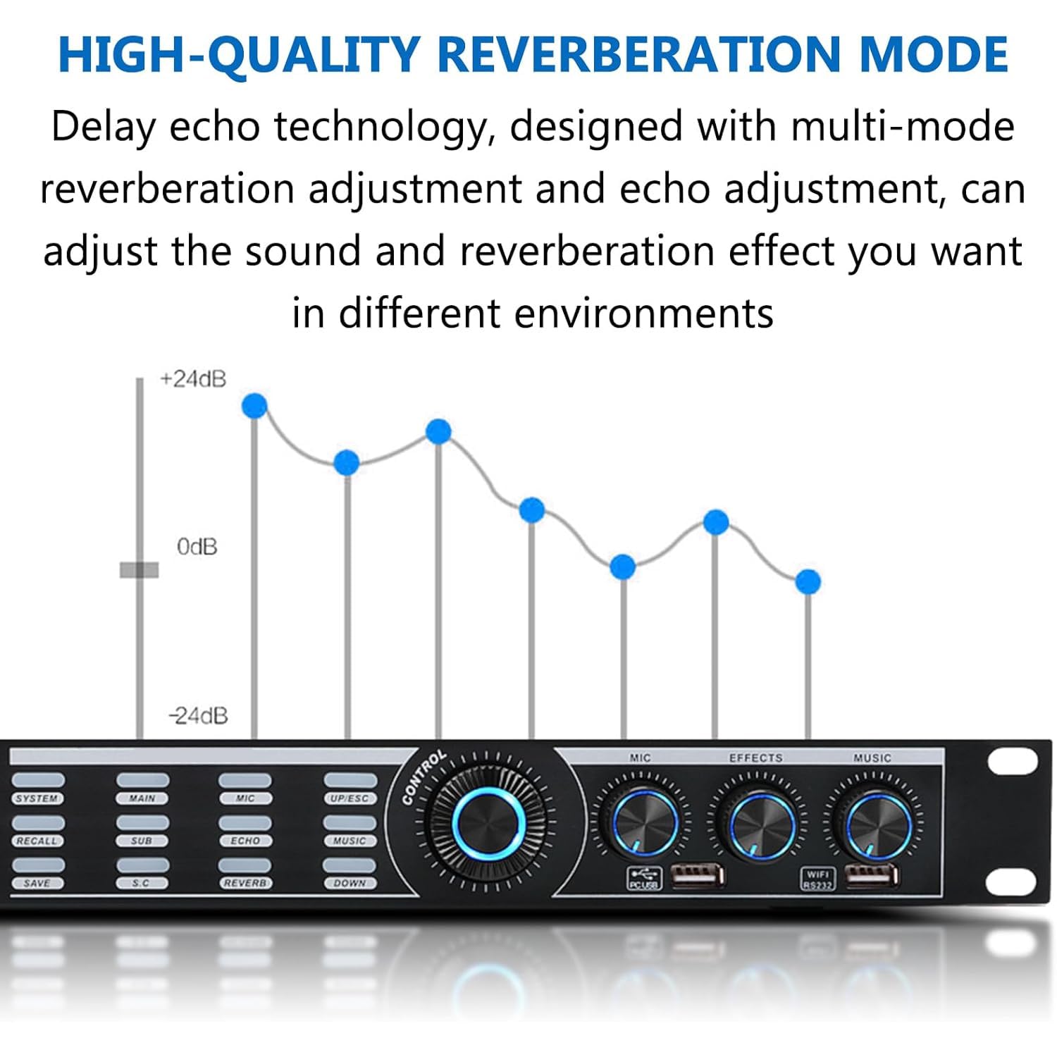 Professional Anti-Howling Audio Processor for Karaoke and Meetings - 5-Channel Input, Mobile App Control, DSP Reverberation, LCD Display(Lotus Wire)