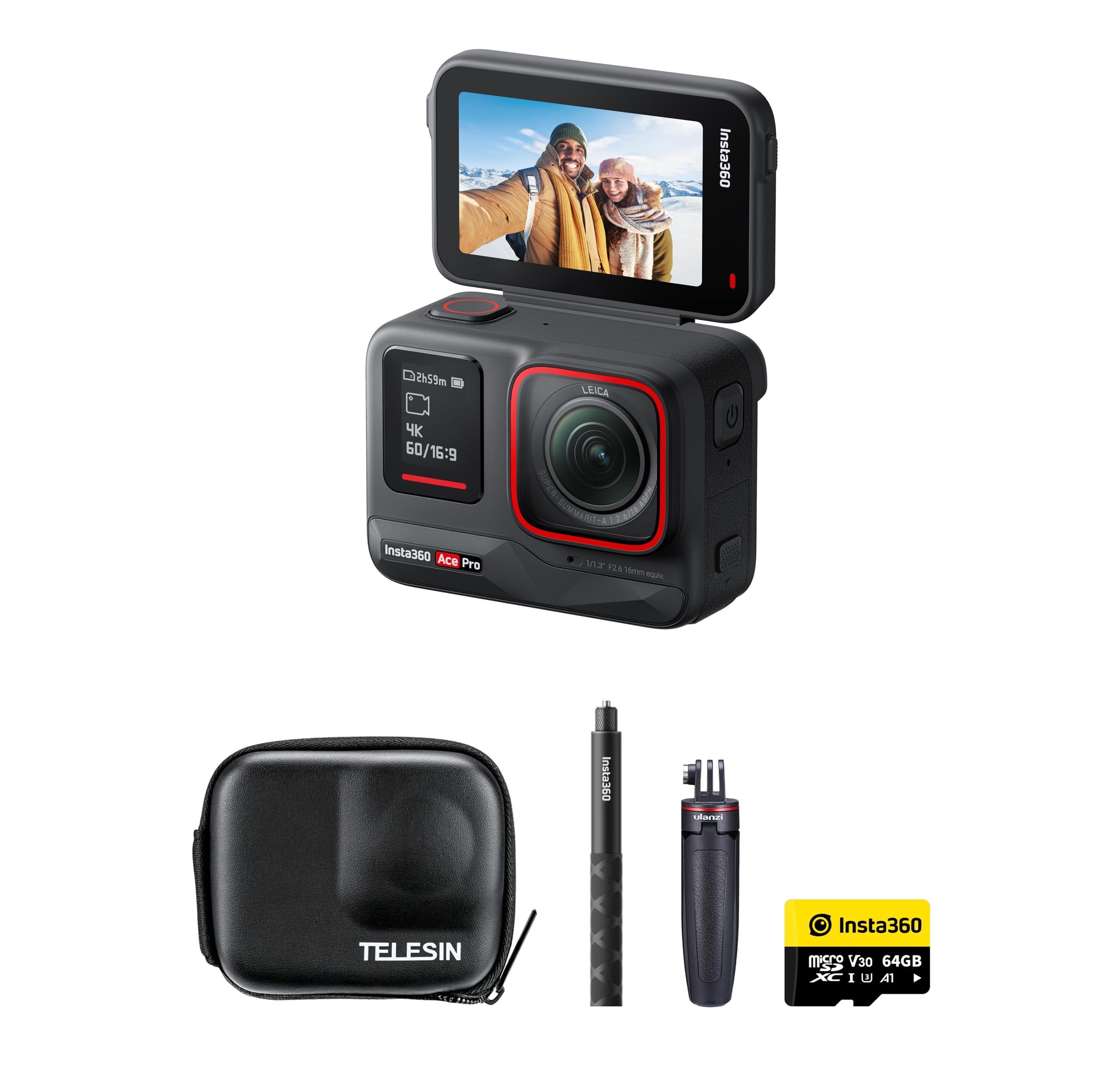 Insta360Ace Pro 8K Action Camera PROFESSIONAL Kit inc Invisible Selfie Stick 64GB + Case + Desktop Tripod