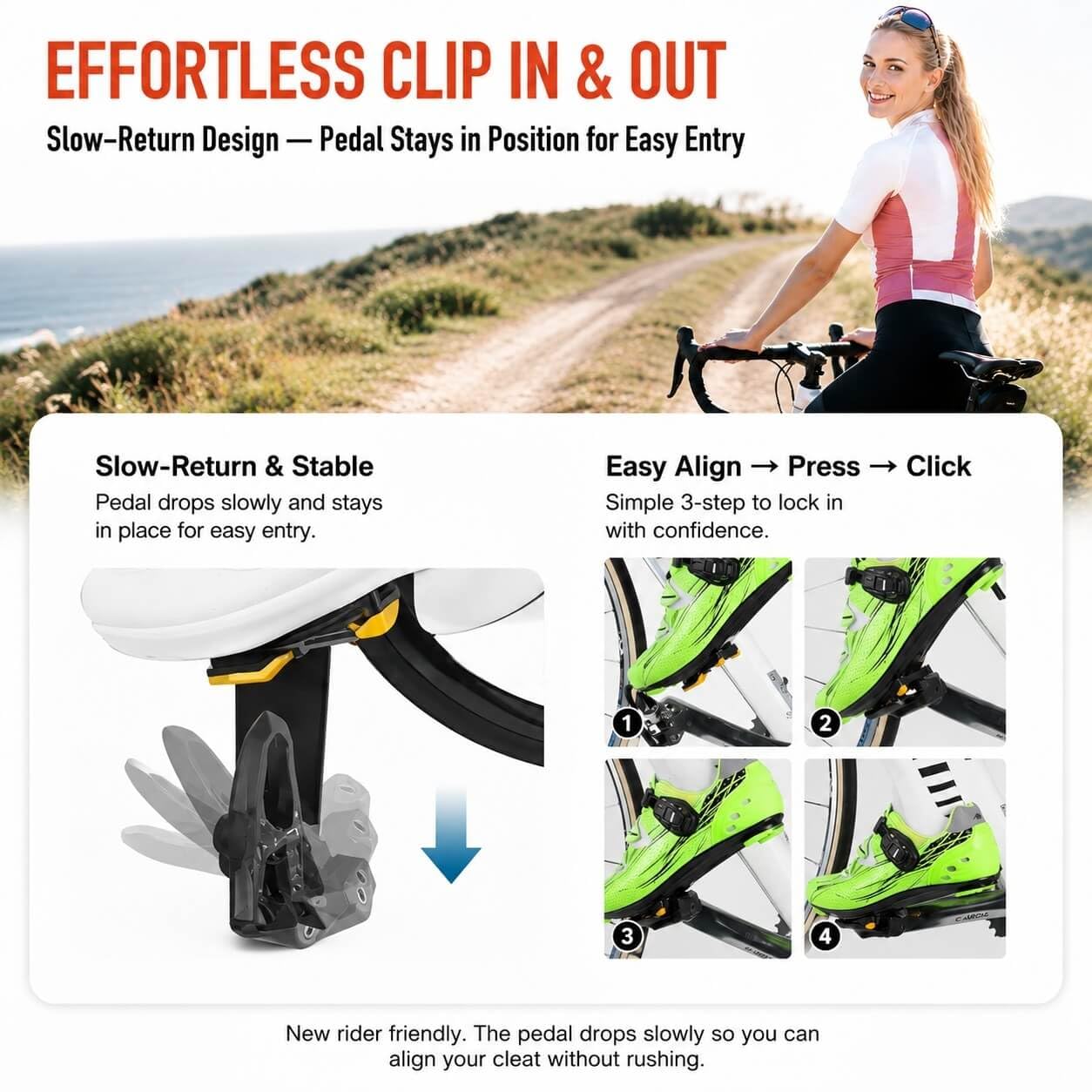 WOWSPORT Pedales de bicicleta de carretera sin clip W500-9/16 pulgadas, diseño ultraligero sin clip con tacos de 3 pernos, compuesto de nailon y rodamientos sellados