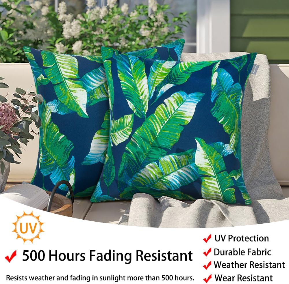 Magpie Fabrics Patio Pillow with Insert 18"x18", Set of 2, Fade-Resistant Outdoor Indoor Cushion Decorative Throw Pillow Decoration for Couch Garden Furniture - Green Lagoon Leaves - Image 2