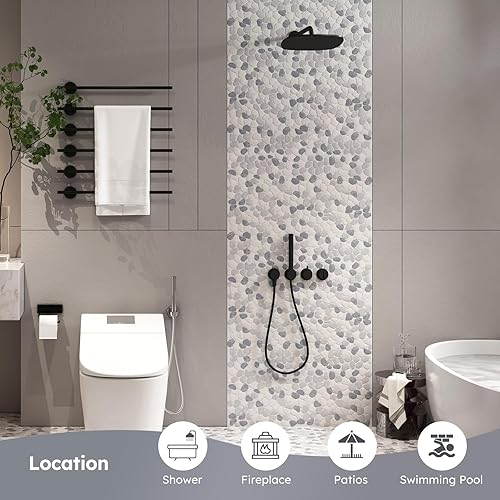 Miniatura 2 de Diflart Azulejos de pared de mosaico de guijarro en rodajas mezclados de color blanco y gris para cocina, baño, ducha, paquete de 5 hojas