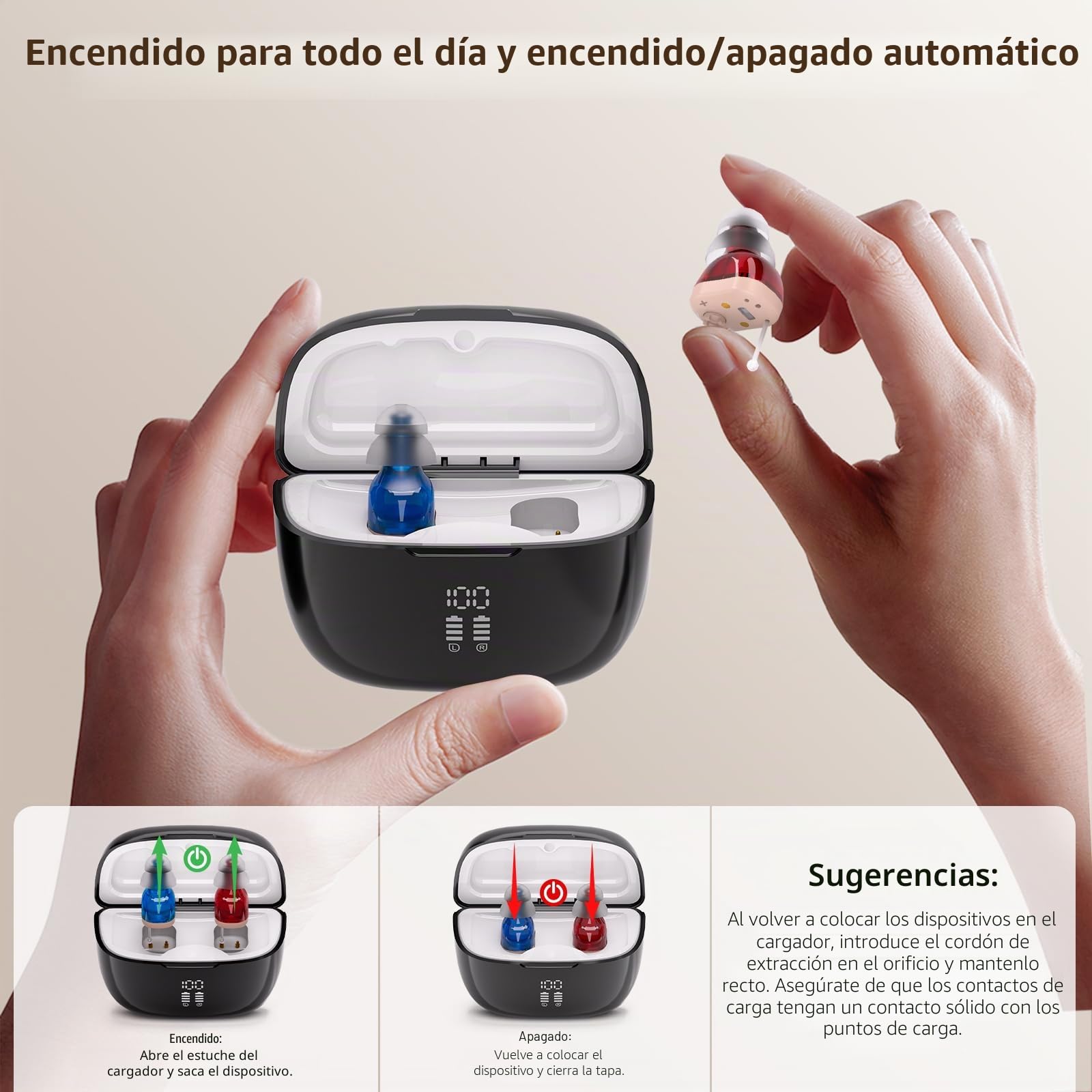 Dispositivos de sonido recargable con caja de carga- Encendido/apagado automático, volumen ajustable, diseño discreto, energía durante todo el día