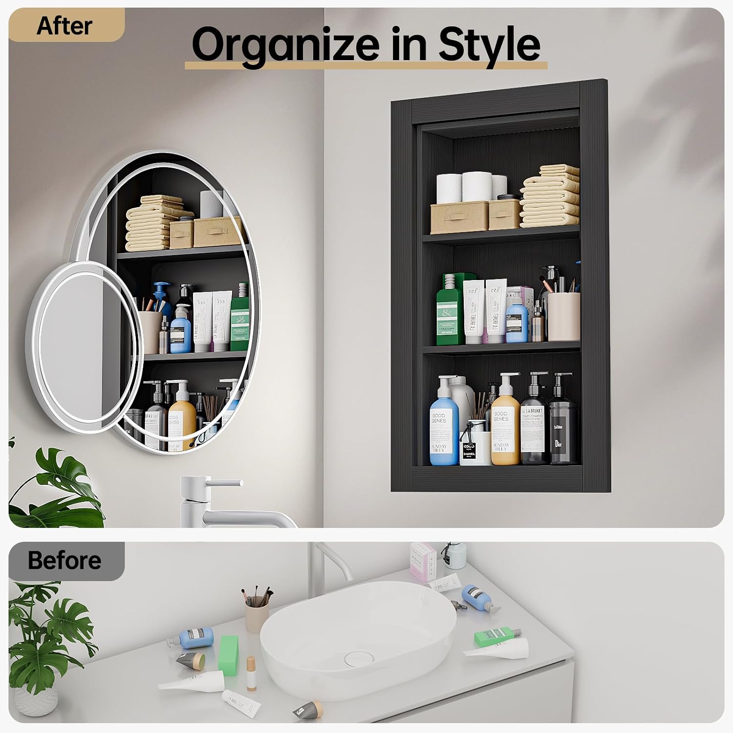 Recessed Medicine Cabinet,14x24 Recessed Wall Niche Medicine Cabinet Replacement, Water-Proof Wood Wall Niche for Bathroom/Hallway, Black