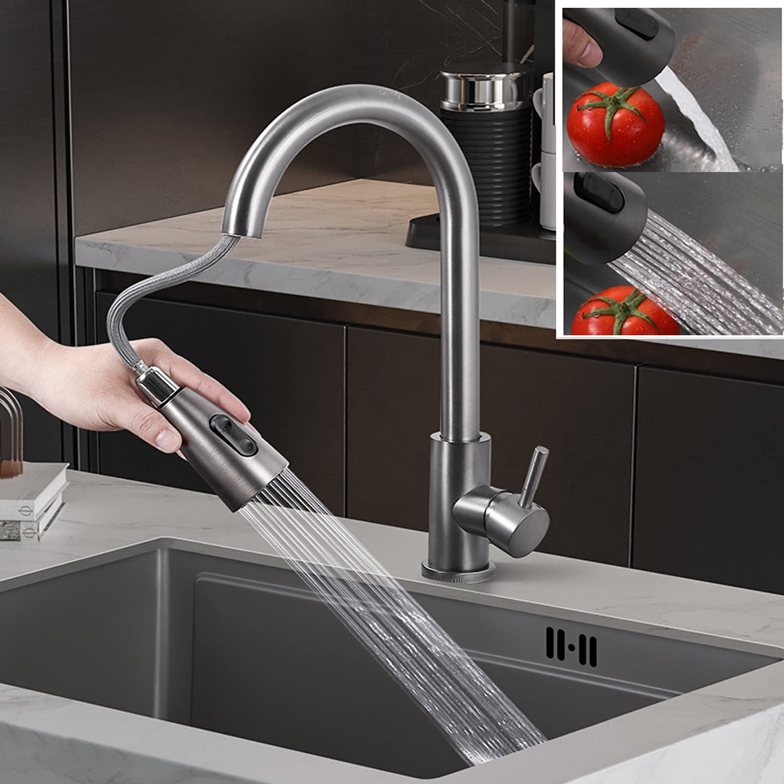 Lofeyo Drop-In Küchenspüle Mit Ausziehbarem Wasserhahn | Edelstahl 16G T304, Gebürstetes Nickel, 63,5 Cm