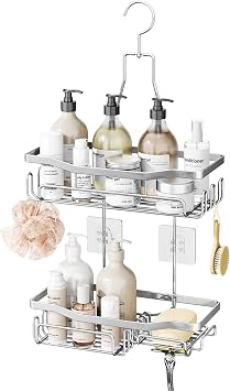 HapiRm Hanging Shower Caddy - No Drilling Shower Shelf with Razor & Soap Holder, Rust-resistant Bathroom Shelves for Accessories Shampoo, Conditioner, 2 Tier Shelf Organiser, 3 Screw Adhesives