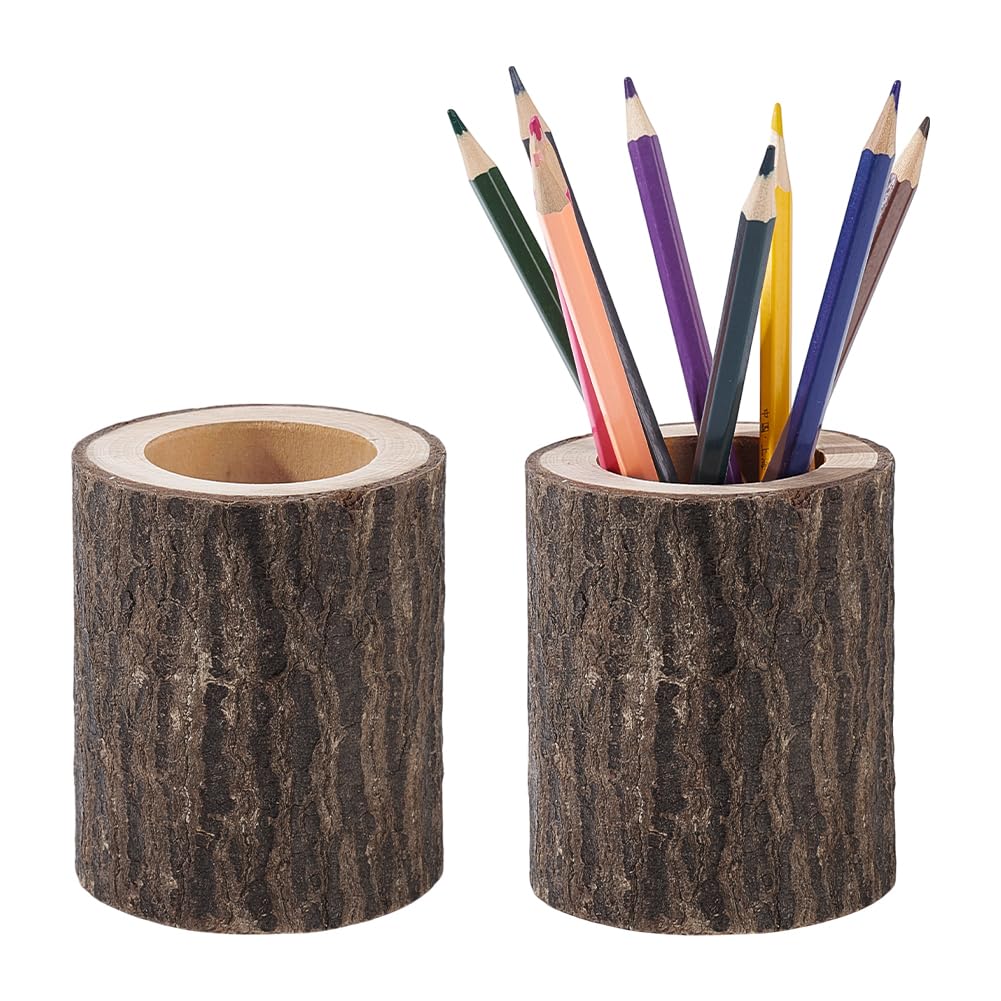 AHANDMAKER 2 pcs Wood Pencil Holder Wood Log Pen Stand Pencil Cup Wooden Desktop Stationary Organizer for Office Home Desk Organizer Brush Holder