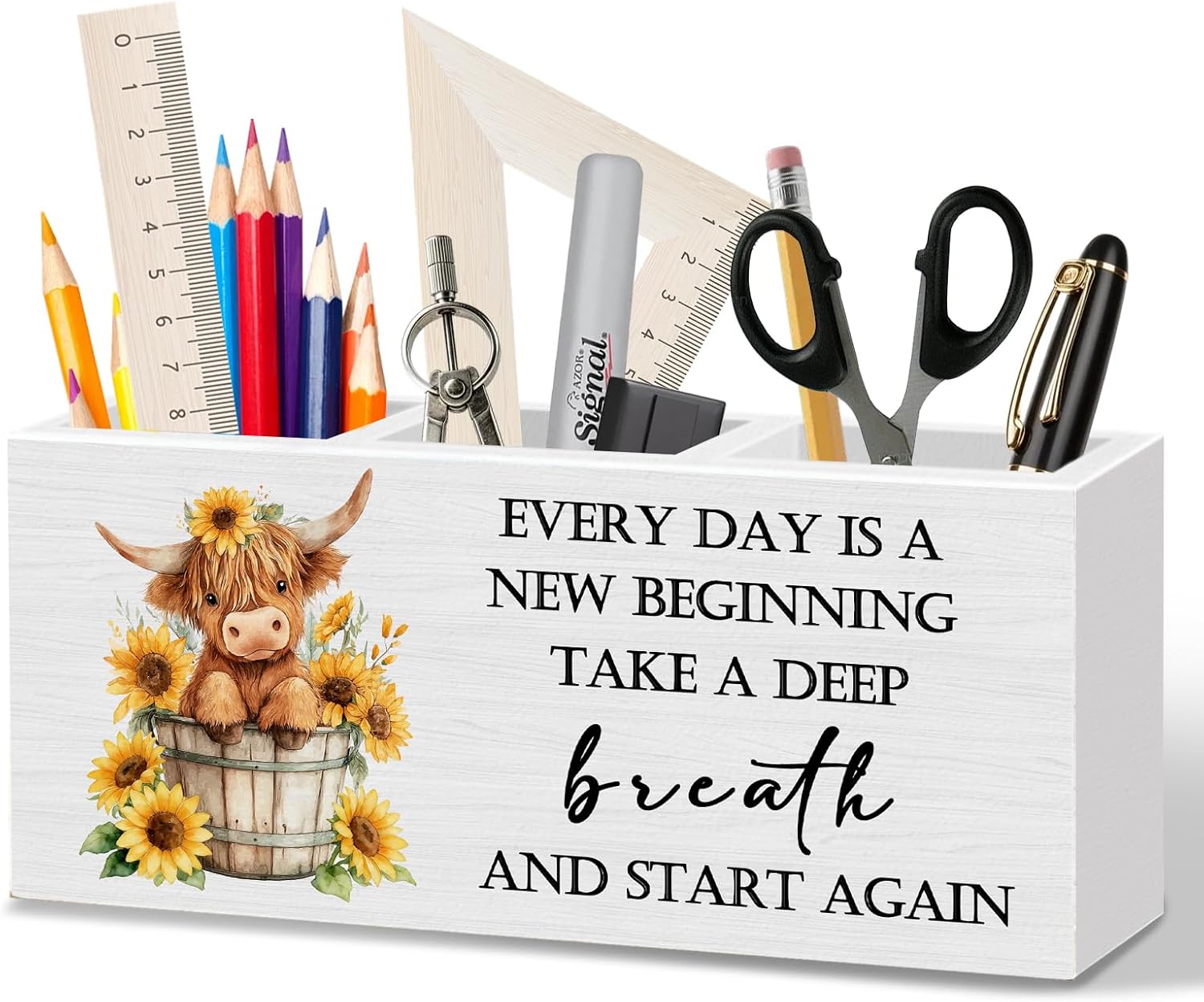 WODMIS Inspirational Floral Highland Cow Pen Pencil Holder for Desk, Highland Cow Gifts for Women, Motivational Wooden Box Organizer Decorations for Home Office Classroom&Teacher Desk Accessories