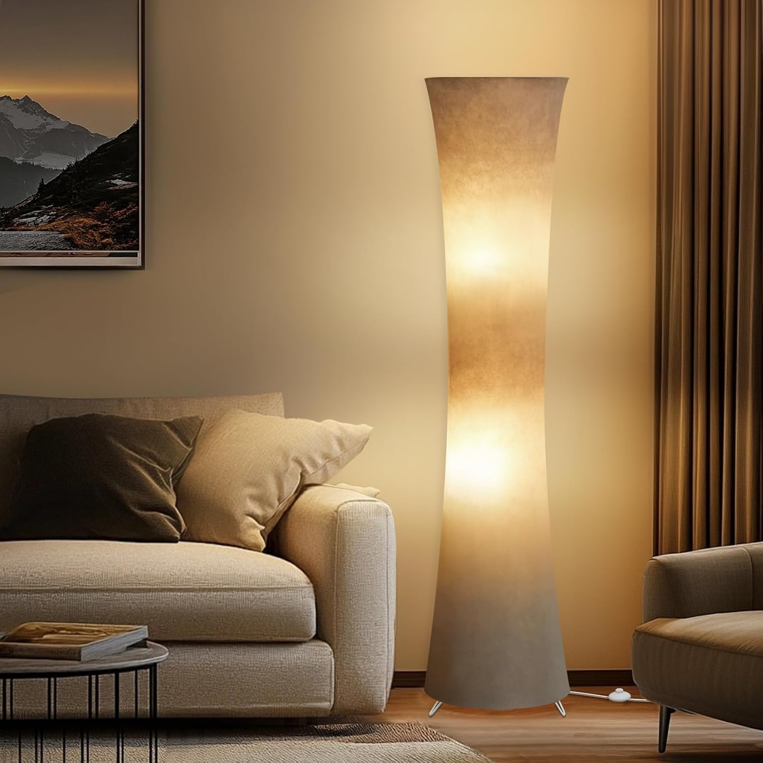 GyroVu 46" Modern Floor Lamps for Living Room, LED Column Standing Floor Lamp with Color Temperature Adjustable & Gray Fabric Lampshade for Corner, Bedroom, Office & Kid's Room - Bulbs Included