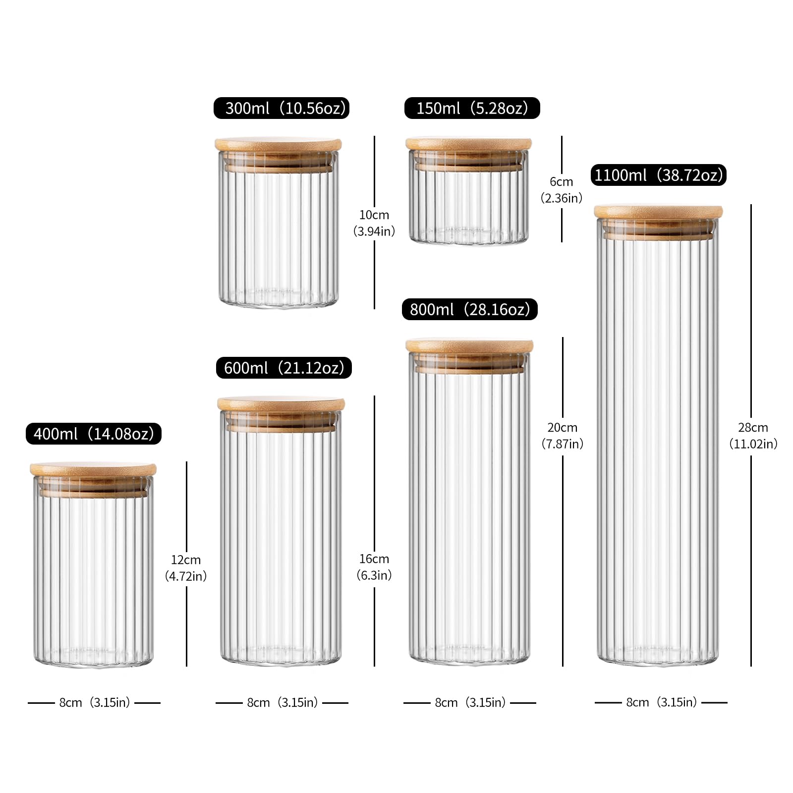 Lot de 8 Bocal en Verre Hermétique - Bocal en Verre avec Couvercle - Bocaux Verre Café Thé Sucre Épices Pâtes