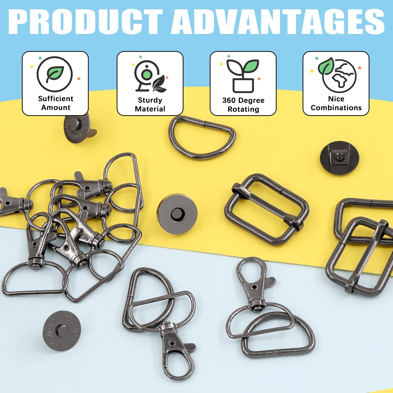 Mardatt 100 PCS Hardware Buckles Kit Including D-Ring,Triangle Slide Square Rings Magnetic Snap Swivel Clasp Hooks for Handbag Strap - Image 4