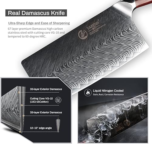 Miniatura 5 de YARENH Cuchillo chino de 7 pulgadas, cuchillo de chef de Damasco para cocina, 67 capas de acero inoxidable de alto carbono, mango de sándalo